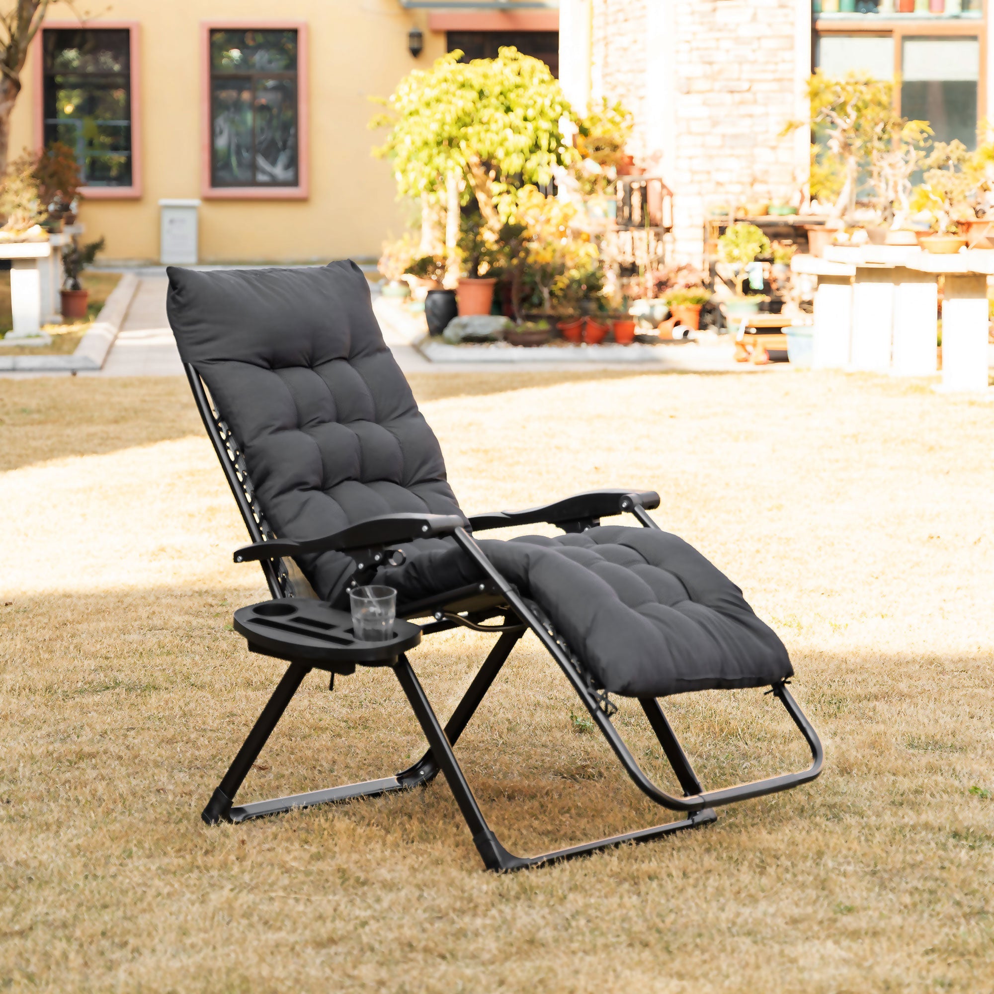 Outsunny Zero Gravity Chair Black Padded Folding Recliner with Cup Holder Adjustable Backrest Removable Cushion 