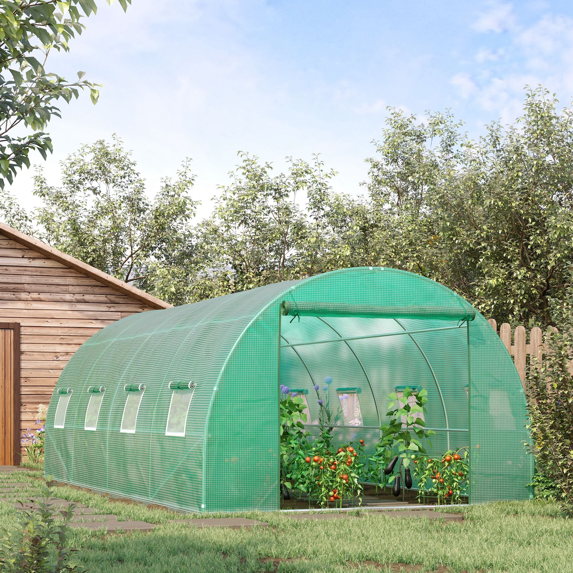Outsunny Walk-in Tunnel Greenhouse, 19 x 10 x 6.6 ft Hoop House with Zipped Roll-Up Door and 8 Mesh Windows, Outdoor Greenhouse with Galvanised Steel Frame, Green 