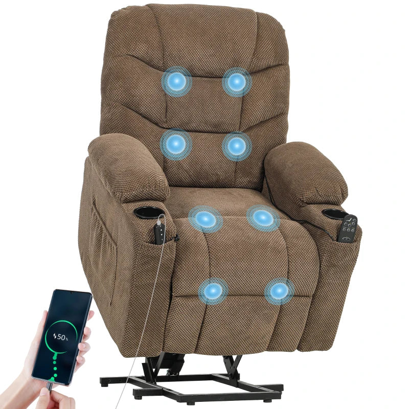 Power Recliner Chair with Massage, Electric Lift Chair for Elderly with Side Pockets, Cup Holders, Remote, Brown