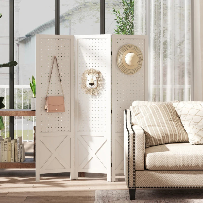 56.9" 3 Panel Wooden Room Divider with Pegboard Display, Folding Privacy Screen for Home Office, White