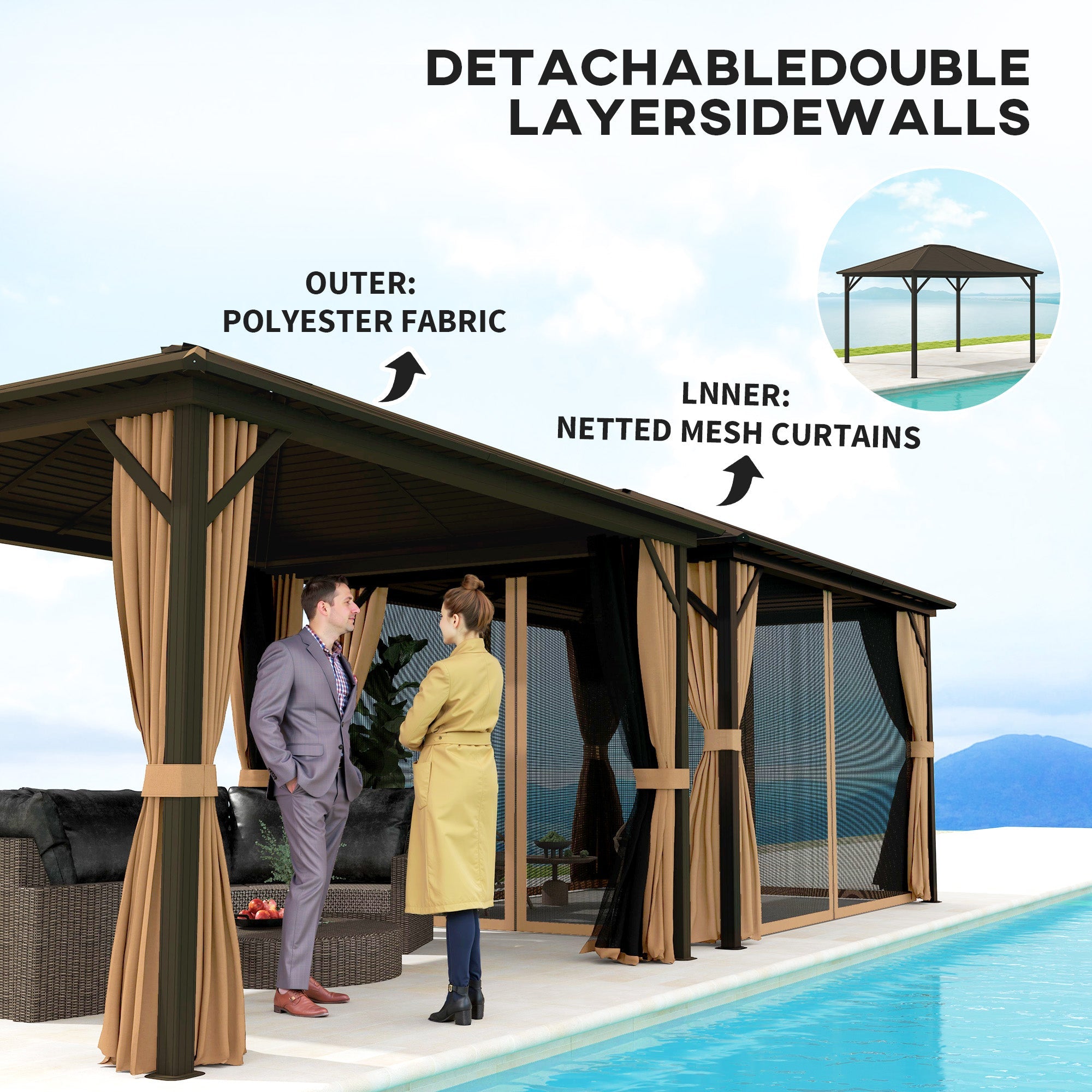 Outsunny 10' x 12' Deluxe Hardtop Gazebo with Metal Roof, Aluminum Frame Patio Gazebo Garden Sun Shelter Outdoor Pavilion with Curtains and Netting, Coffee 