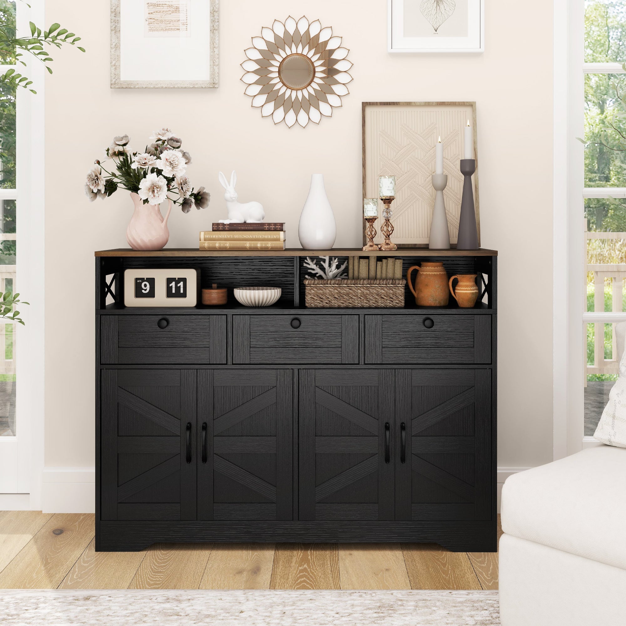 HOMCOM Sideboard, Buffet Cabinet with 4 Barn Doors and 3 Drawers, Coffee Bar Cabinet with Adjustable Shelves, Black 