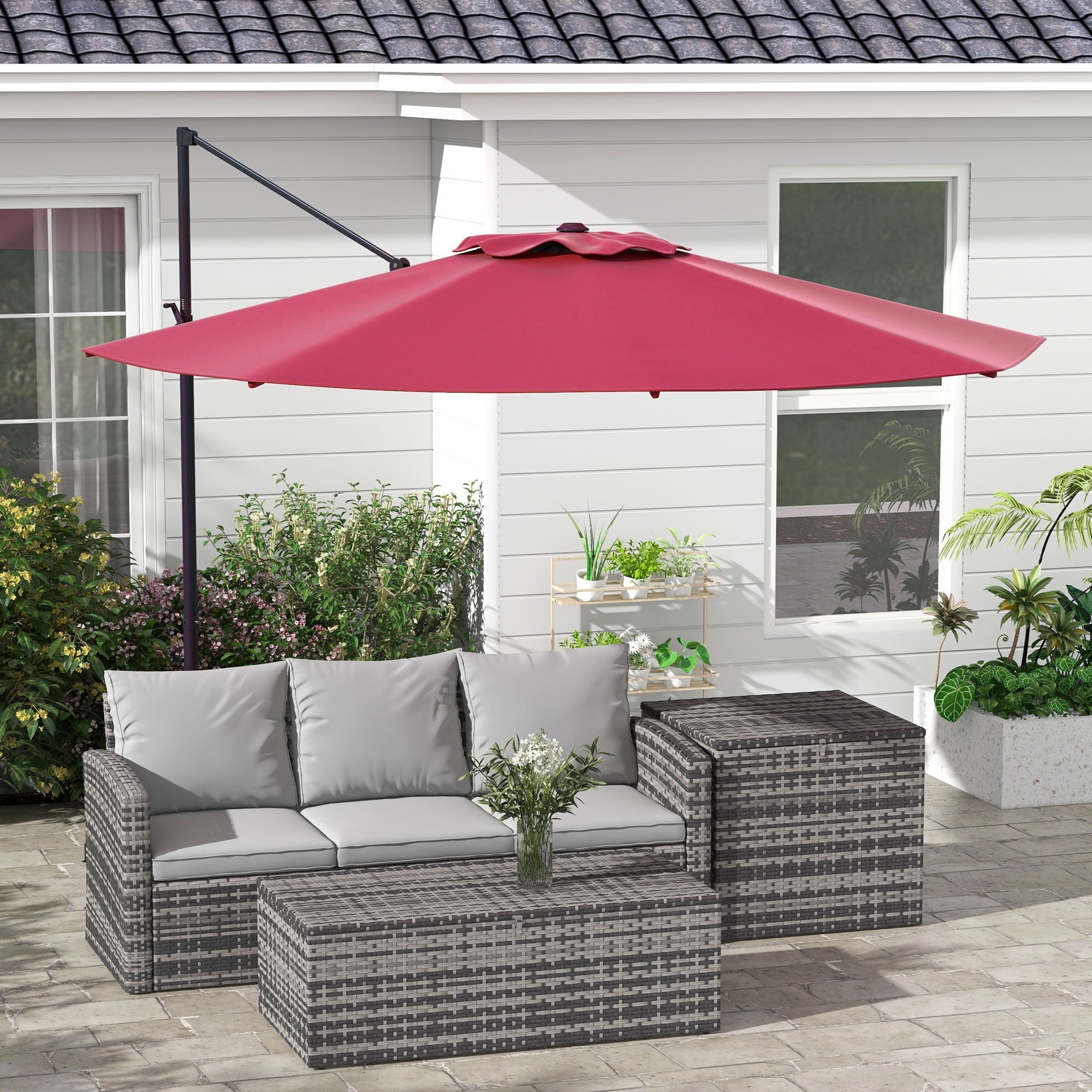 Outsunny Radiant Pavilion: 10FT Aluminum Offset Patio Canopy with 360° Rotation, Crank Tilt Mechanism Outdoor Red 