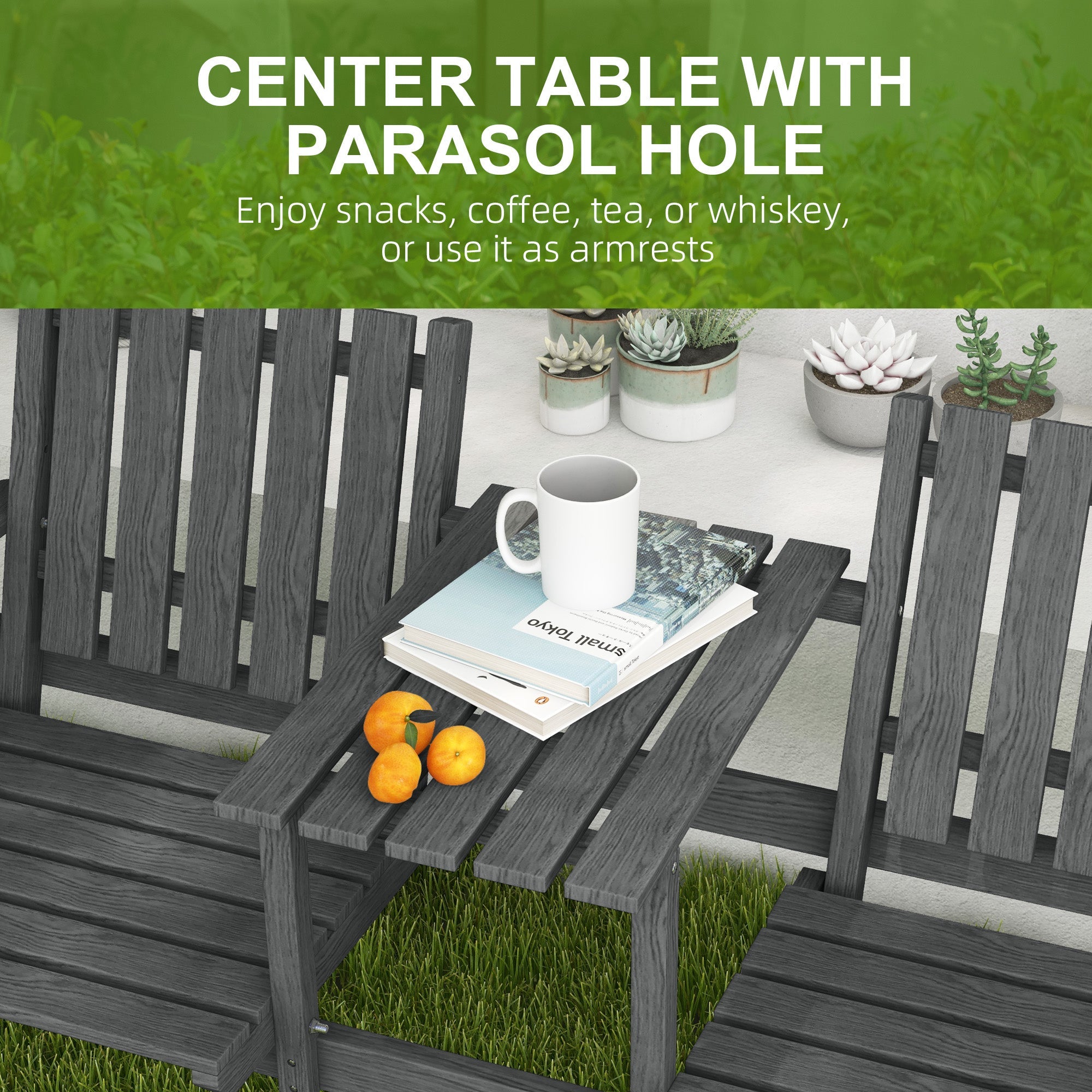 Outsunny Garden Bench for 2 Persons with Middle Table and Umbrella Hole, 2-Seater Outdoor Wooden Bench with Slat Design, Grey 