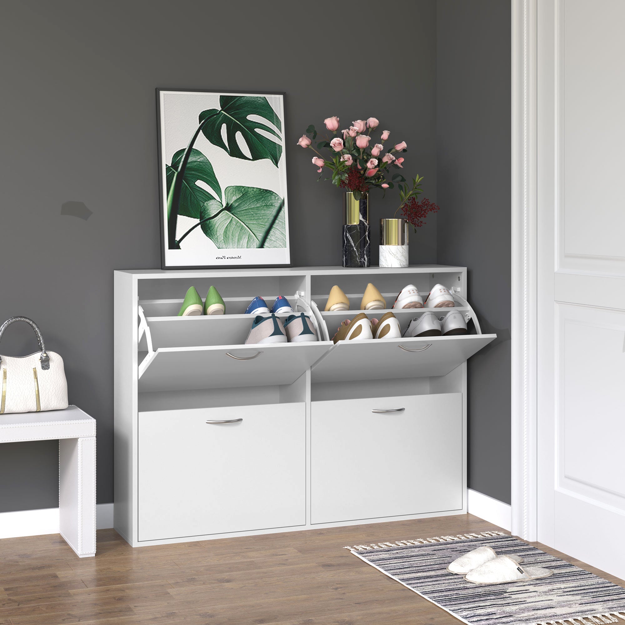 HOMCOM Entryway Shoe Organizer, Modern Wooden Shoe Rack Cabinet with 4 Flip Down Drawers, Ample Storage Space in White 