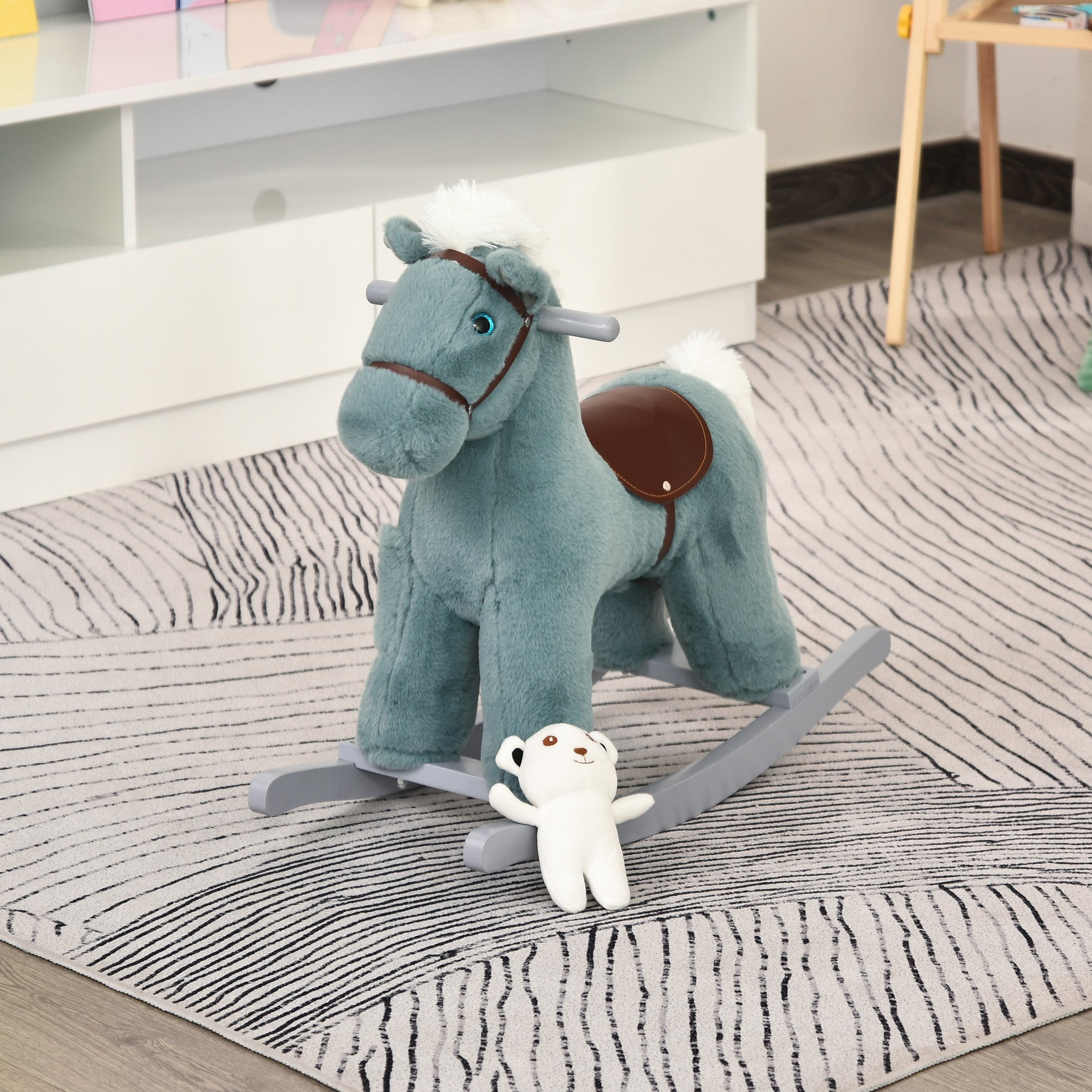 Qaba Toddler Rocking Horse - Blue Plush Ride-On Toy with Bear and Realistic Sounds for Kids 18-36 Months 