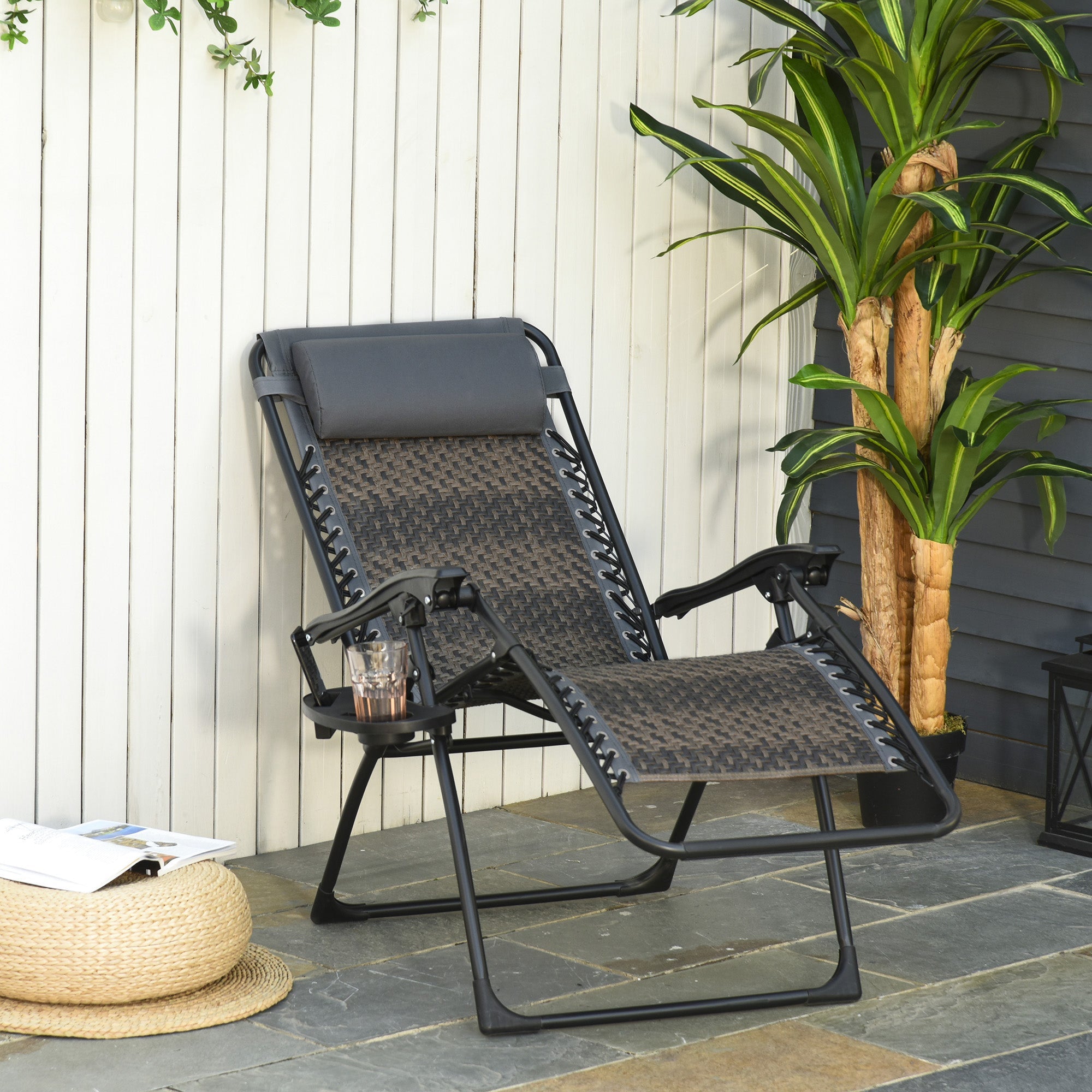 Outsunny Zero Gravity Outdoor Folding Lounge Chair with Headrest Cup and Phone Holder Grey 