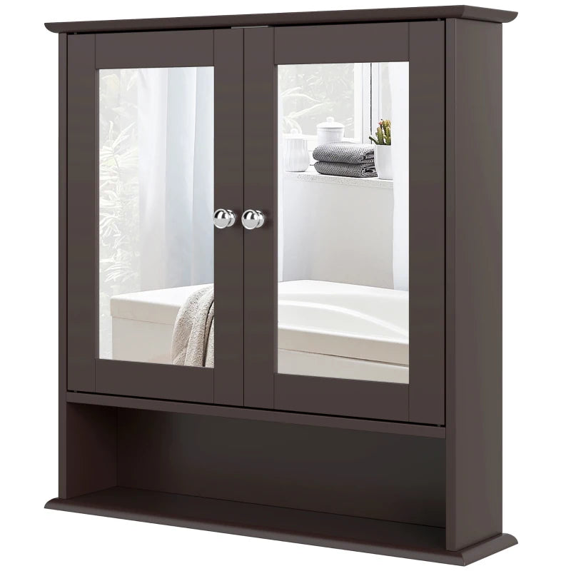 Medicine Cabinet, Wall-Mounted Bathroom Mirror Cabinet with Double Doors, Open Shelf, and Adjustable Shelf, Modern Bathroom Wall Cabinet, Dark Brown