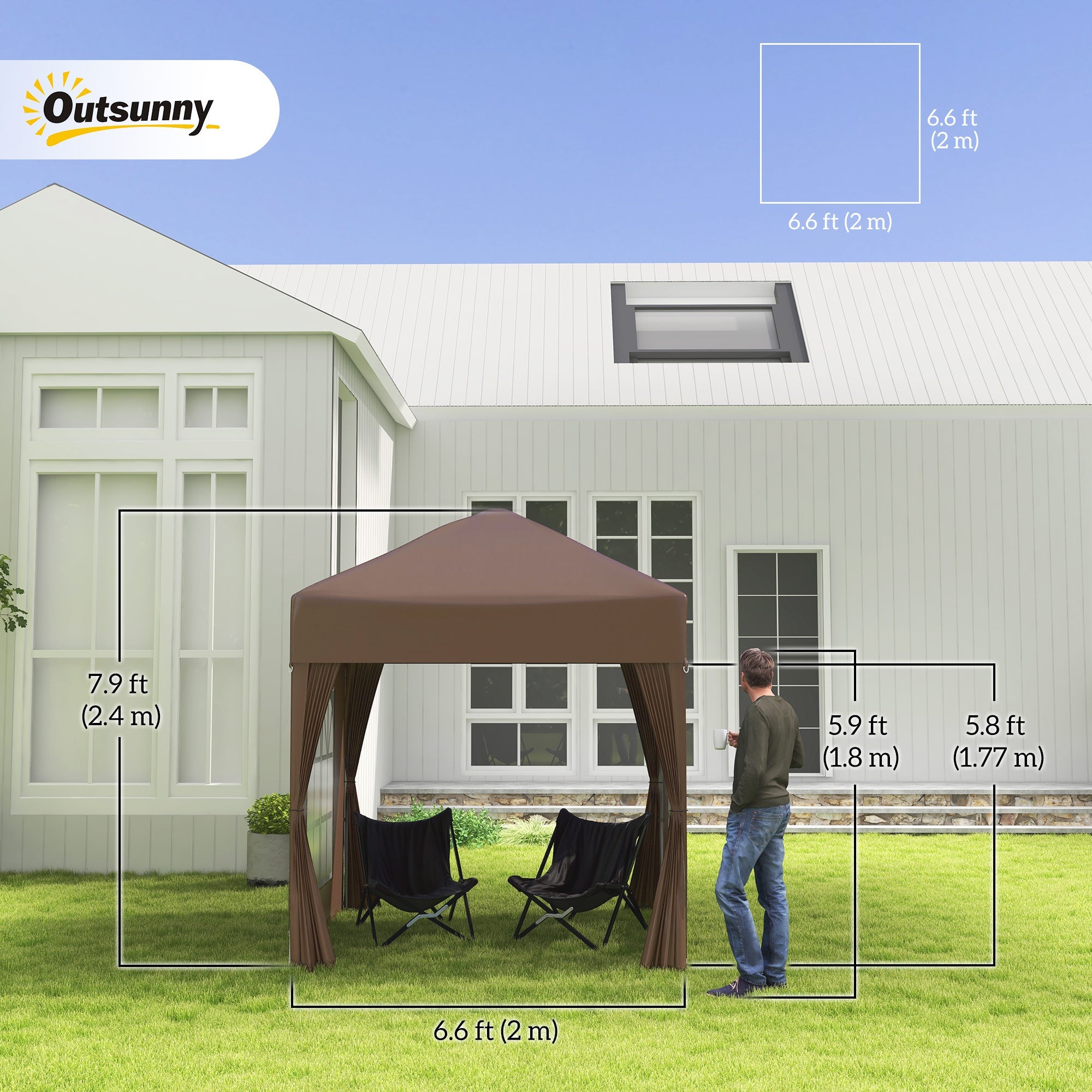 Outsunny 6.6x6.6ft Pop Up Party Tent Outdoor Folding Gazebo Canopy with Side Walls Brown 