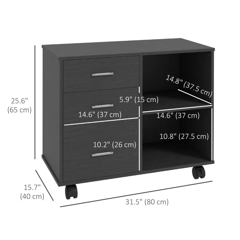 Modern Lateral Filing Cabinet, 3 Drawer File Cabinet for Letter and A4 Size Documents, Mobile, Printer Stand with Open Shelves, Rolling Wheels, Black