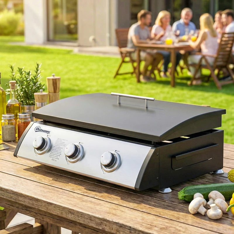 🔥 3-Burner Propane Gas Griddle Grill with Lid – Portable Outdoor BBQ (Black)