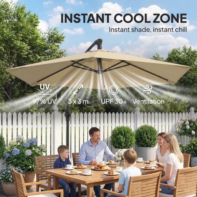 9.7 ft Offset Patio Umbrella with Water/Sand Fillable Weights, Garden Hanging Parasol with Locking Latch, Khaki