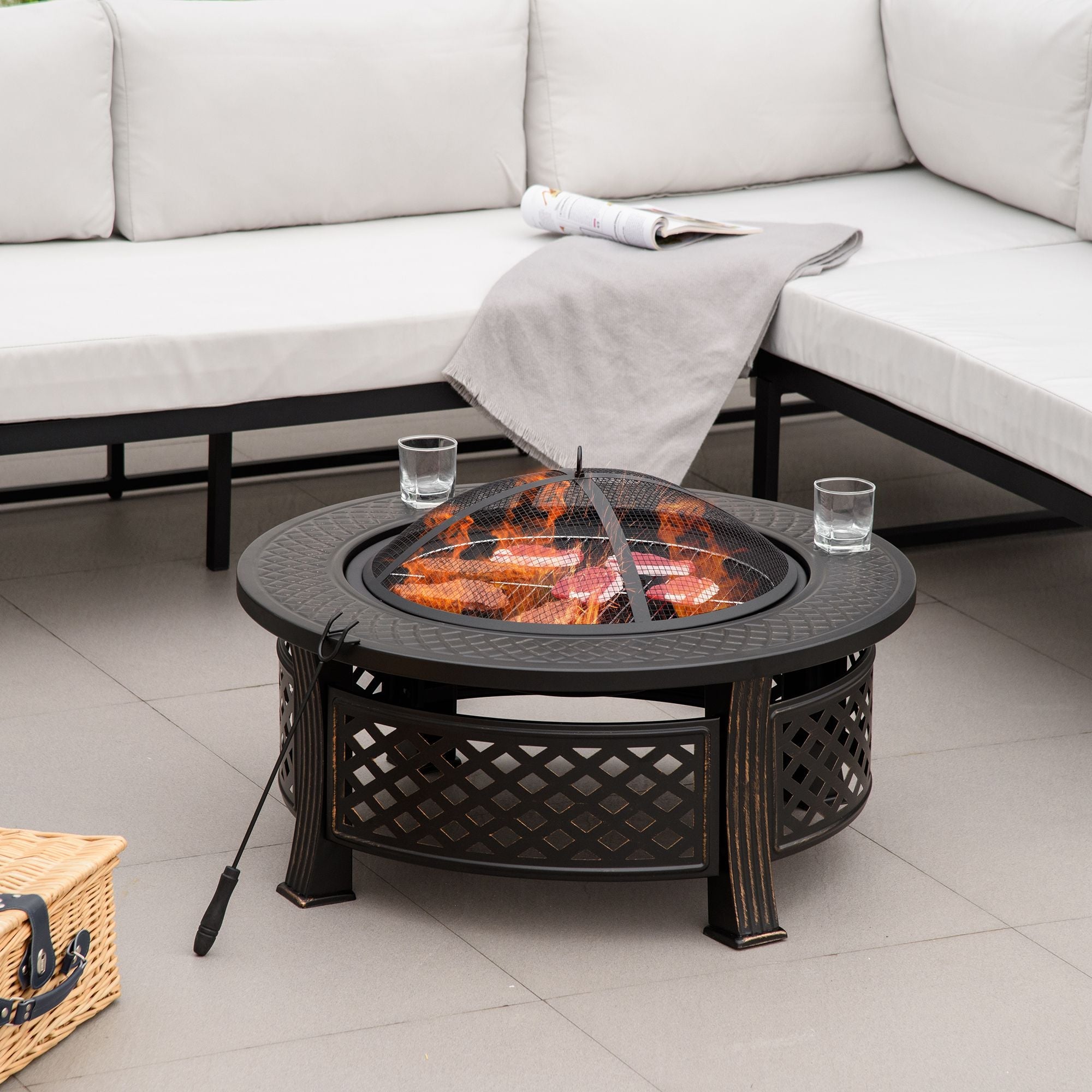 Outsunny Outdoor Fire Pit, Firepit with Grill Net, Mesh Lid, Poker, for Camping, Bonfire, Picnic, Bronze 