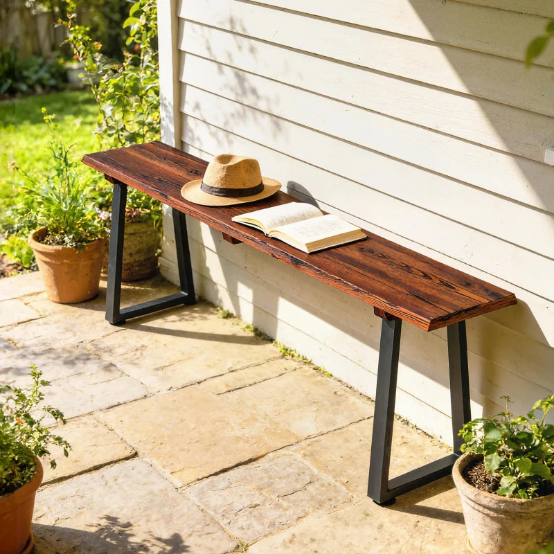 Wood Outdoor Bench for 2 People, 59" Backless Patio Garden Bench with Trapezoidal Steel Legs