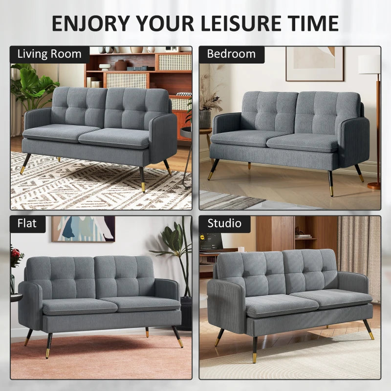 55" Loveseat Sofa, Corduroy Love Seat w/ S spring, Steel Legs and Button Tufting, Small Couch for Living Room, Dark Grey