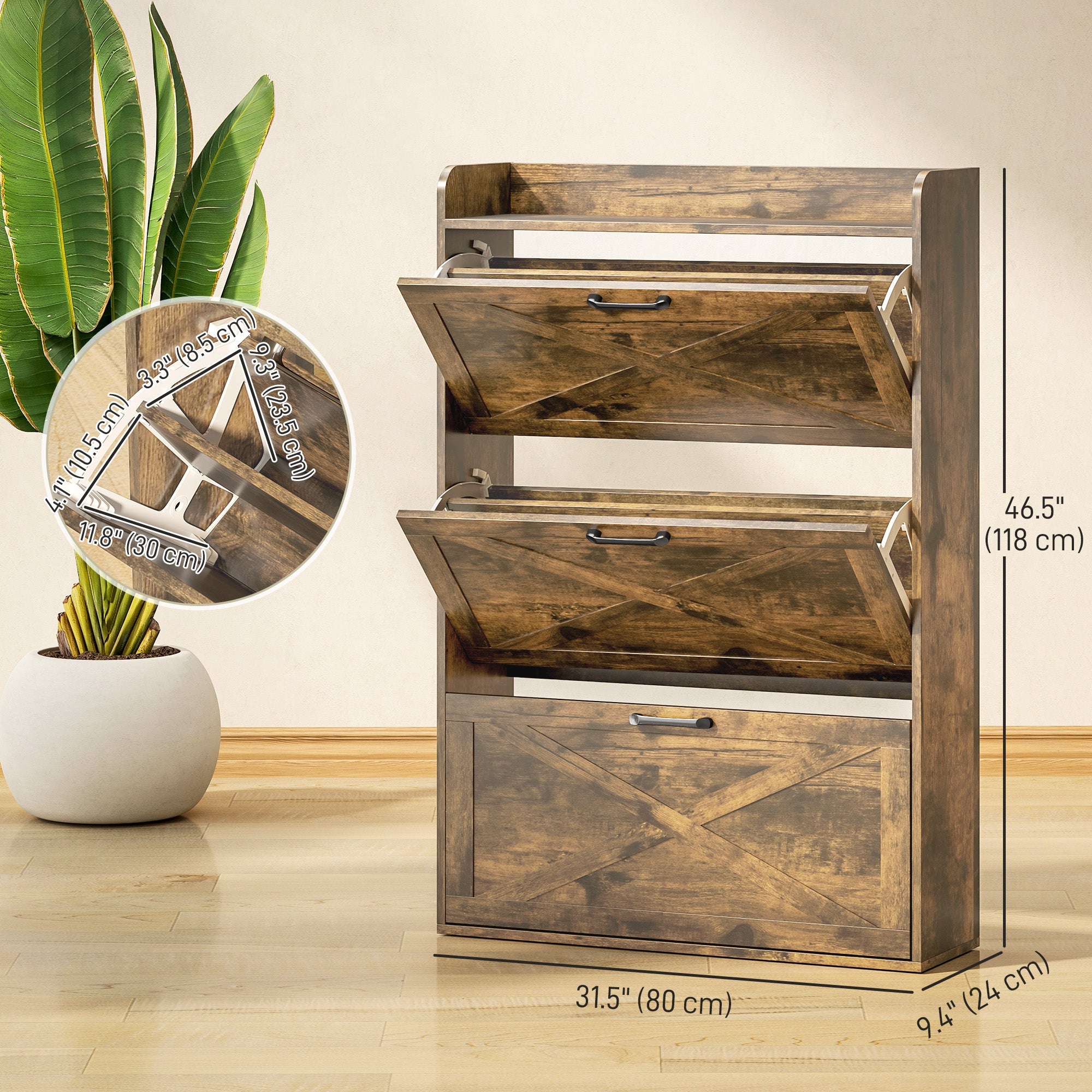 HOMCOM Narrow Shoe Storage Cabinet Farmhouse Shoe Cabinet with 3 Flip Drawers Adjustable Shelves for Entryway Rustic Brown 
