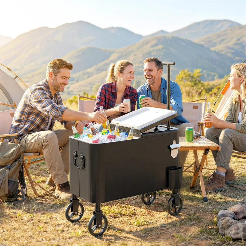 60-Qt Outdoor Patio Cooler Cart, Rolling Ice Chest with Adjustable Handle, Wheels, Bottle Opener, Drainage, Black