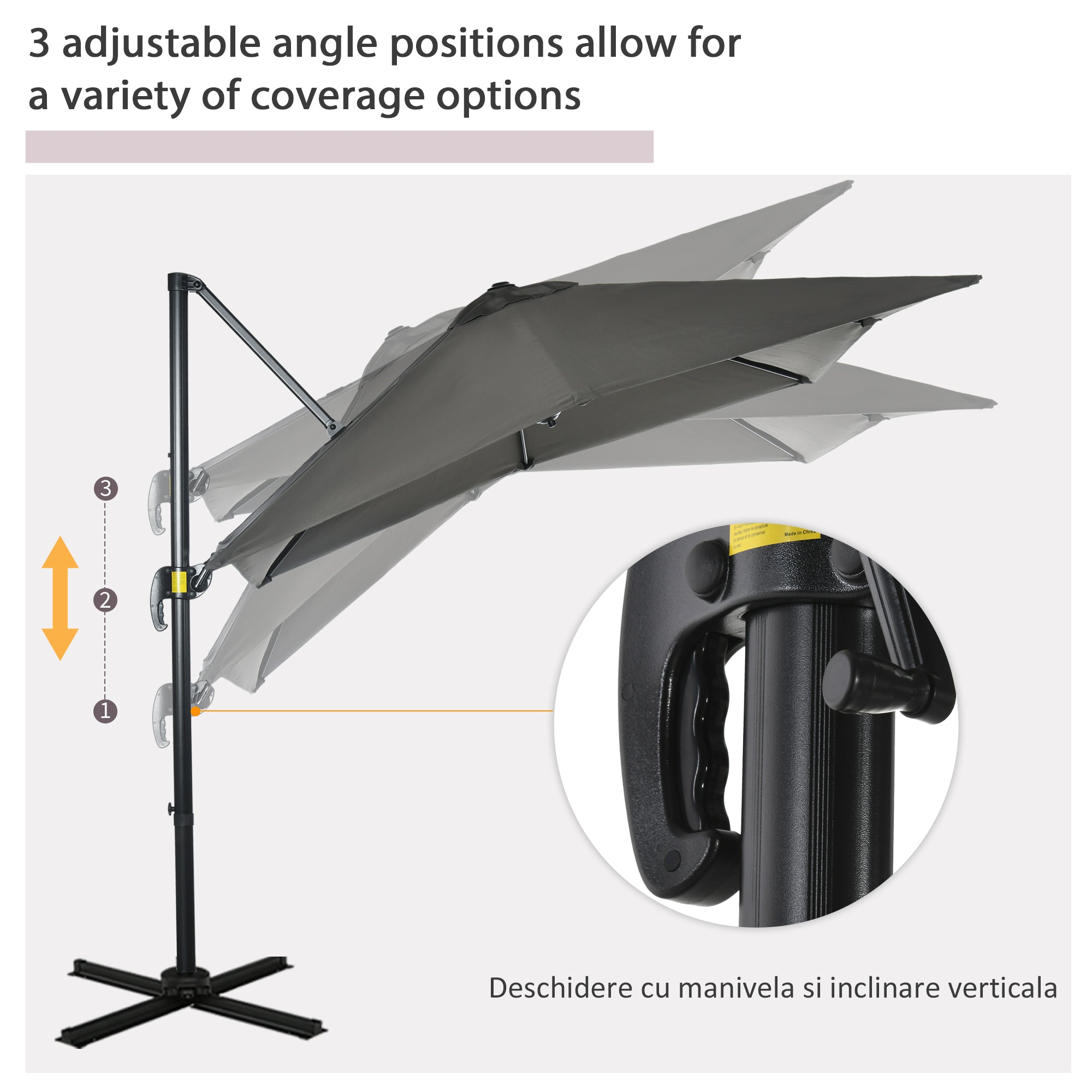 Outsunny 8'x8' Square Offset Patio Umbrella Hanging Cantilever Crank Parasol 360° Rotation Cross Base Grey 