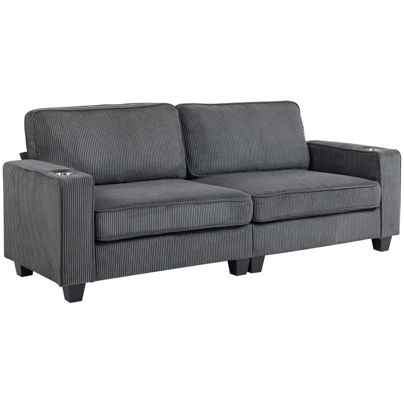 Three Seater Sofa, Fabric 3 Seater Couch with Spring Cushion and Cup Holders for Living Room, Bedroom, Dark Grey
