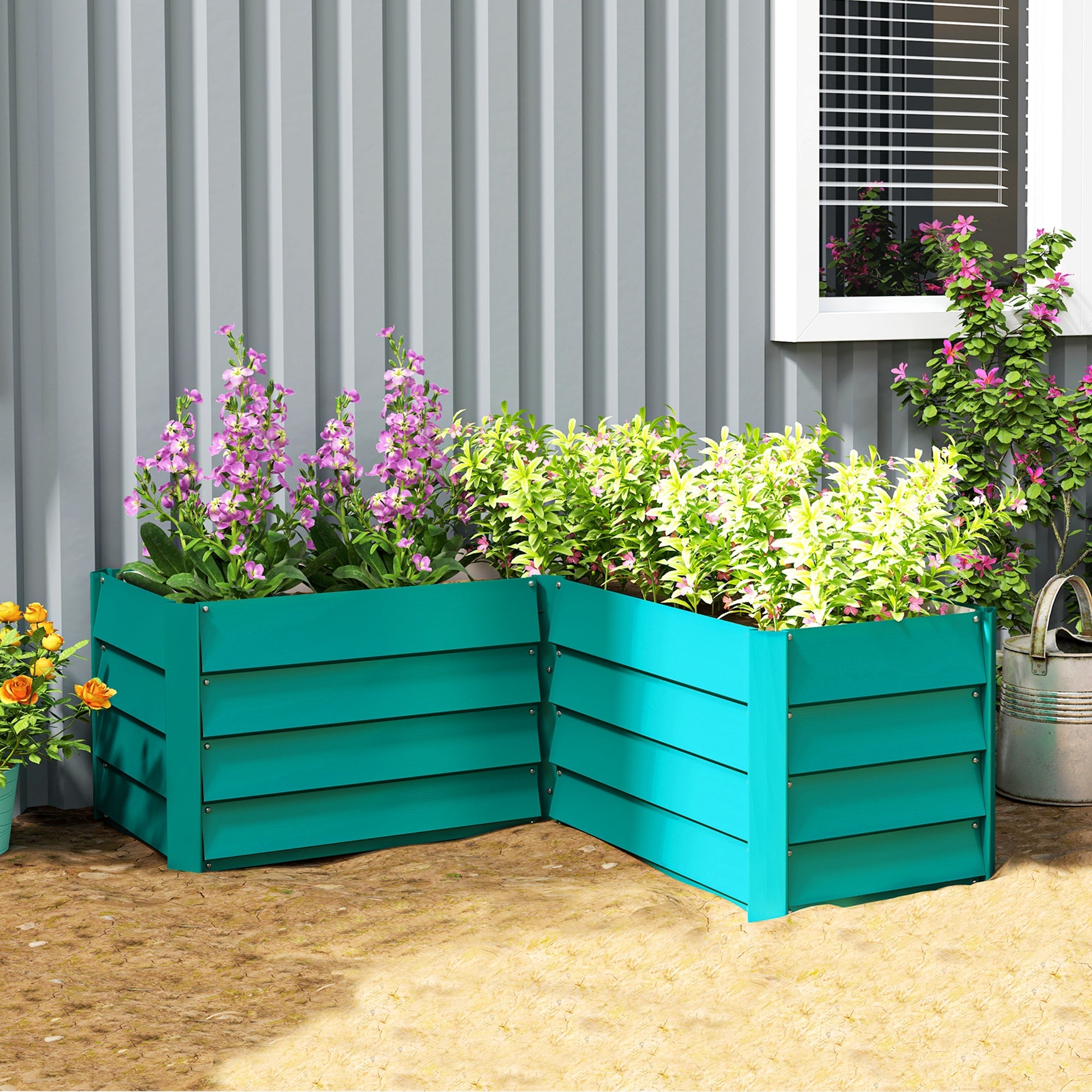 Outsunny 45" x 45" x 17" L-Shaped Galvanized Steel Raised Garden Bed for Vegetables, Flowers, Herbs, Green 
