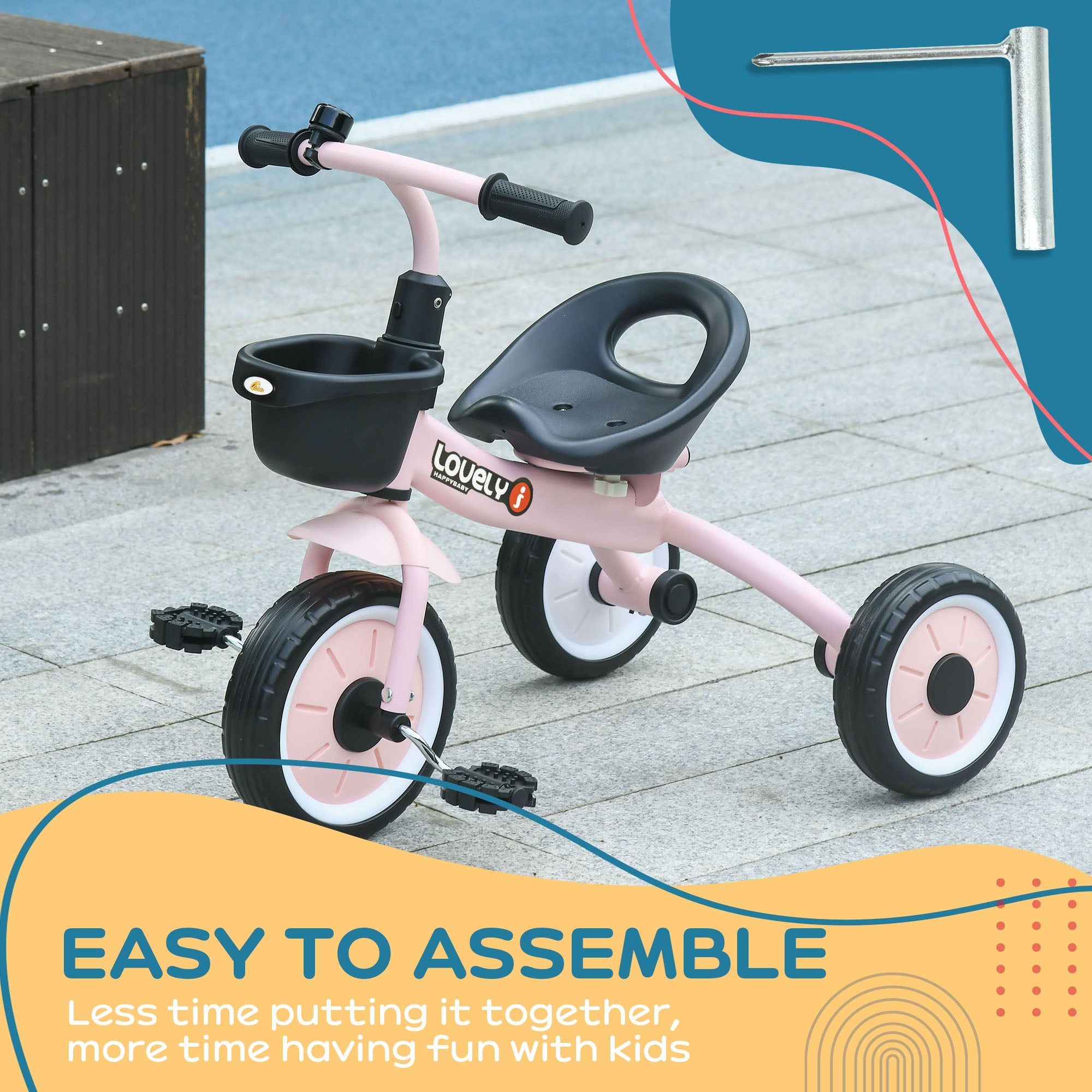 Qaba Kids Tricycle: Adjustable Seat 2-5 Years, Basket, Bell, for Girls/Boys, Pink, Toddler Trike 