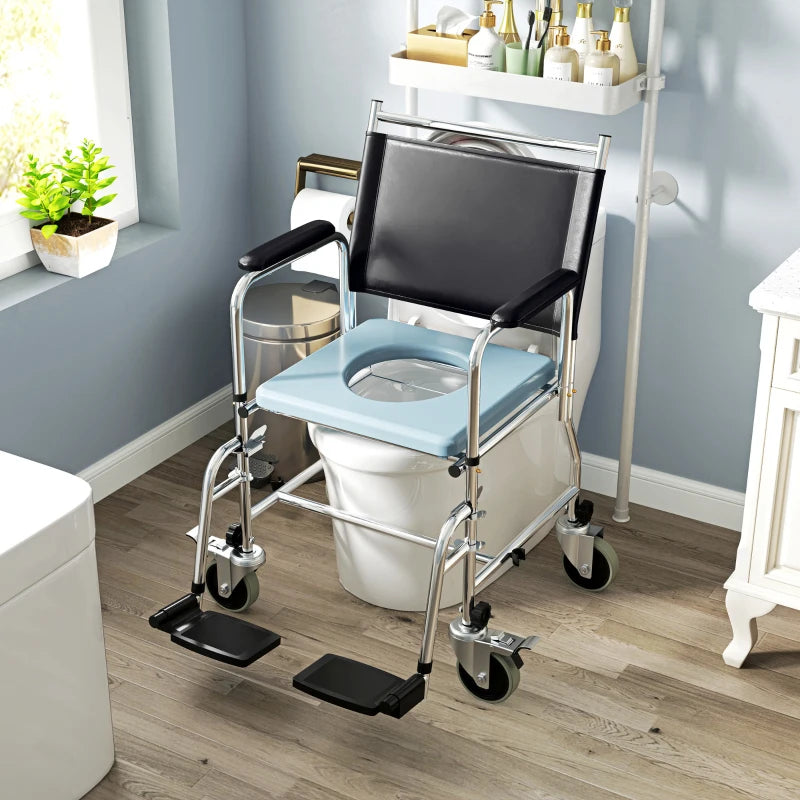 Rolling Shower Chair, Bedside Commode Wheelchair with Padded Seat, Backrest, for Seniors, Disabled, 300 lbs, Black