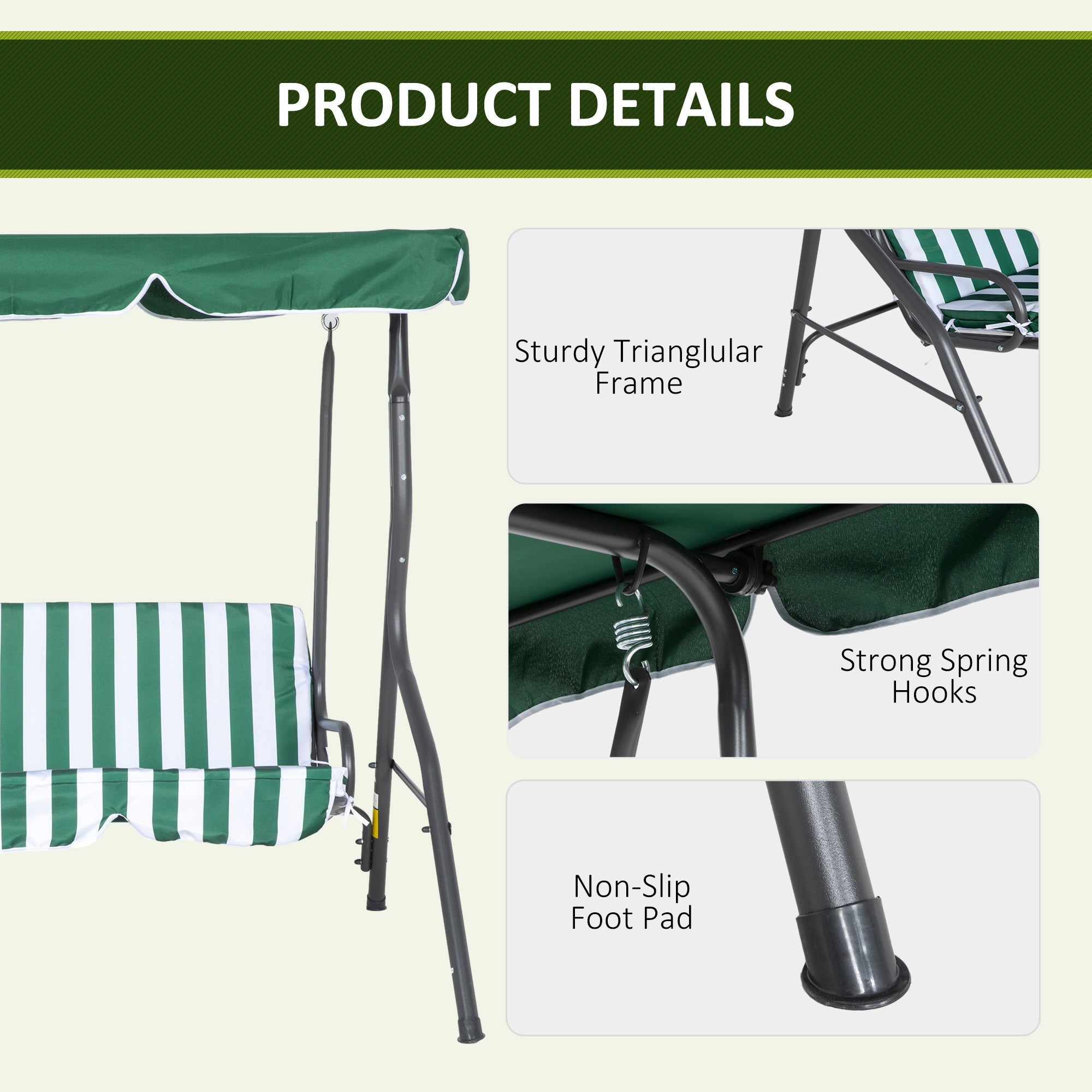Outsunny 3-Seat Patio Swing Chair, Outdoor Porch Swing Glider with Adjustable Canopy, Removable Cushion, and Weather Resistant Steel Frame, for Garden, Poolside, Green & White 