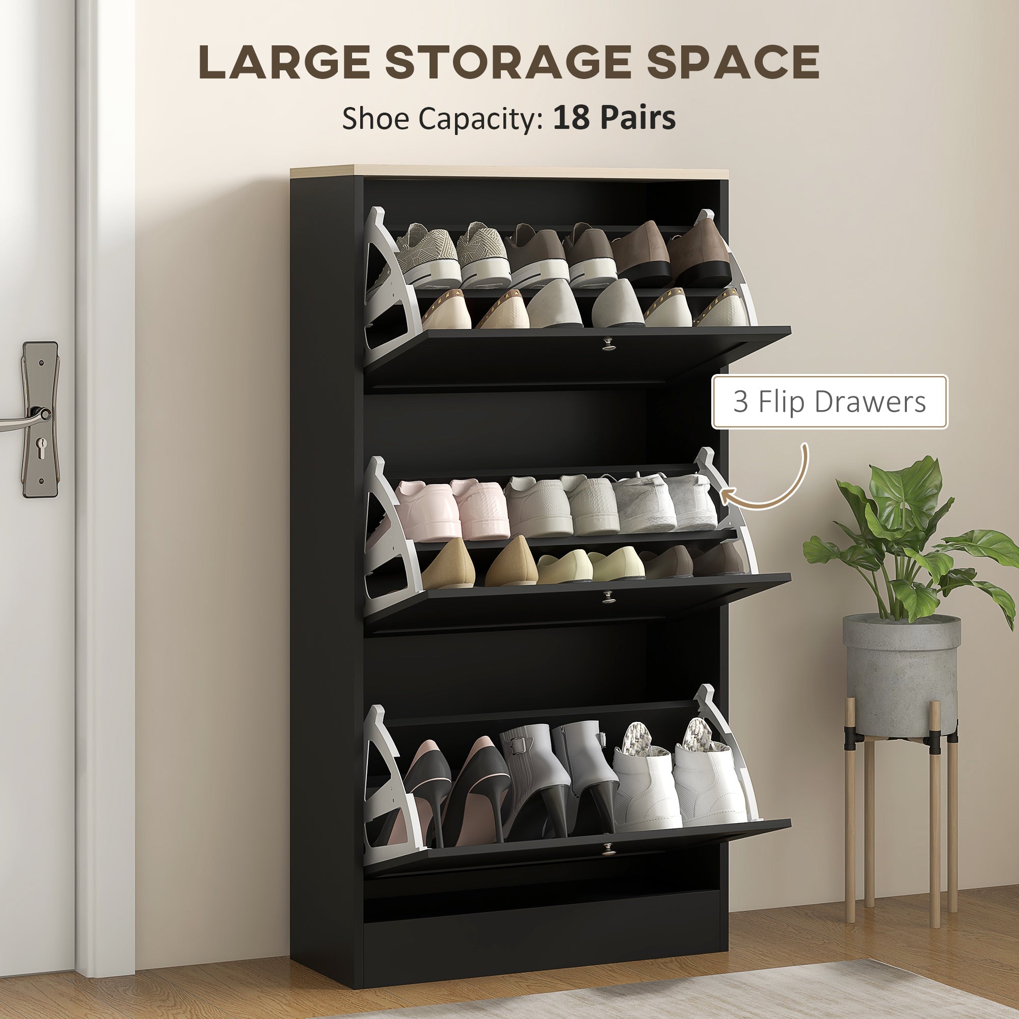 HOMCOM Modern Shoe Storage Cabinet with 3 Flip Drawers Adjustable Shelves for 18 Pairs Black 