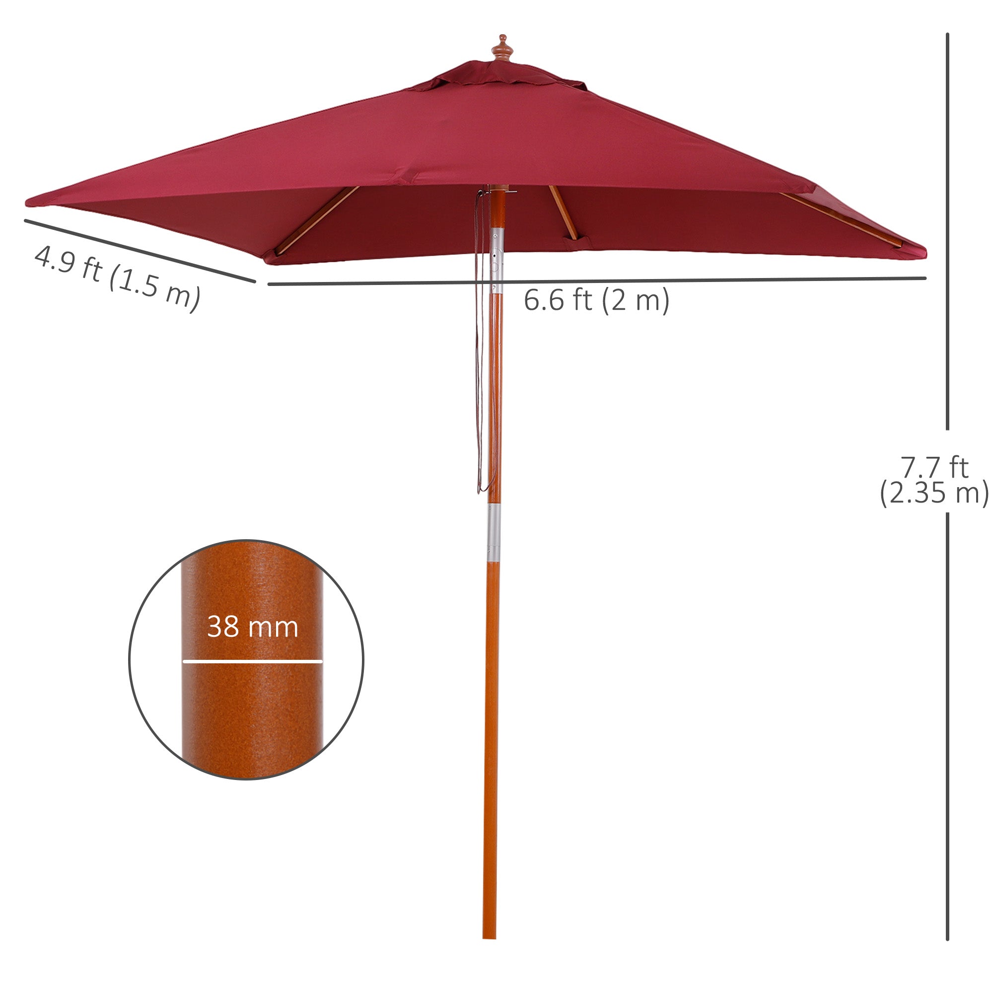 Outsunny 6.6x5ft Square Market Parasol, Wooden Patio Umbrella with Tilt Mechanism and 6 Bamboo Ribs, Garden Sunshade, Wine Red 