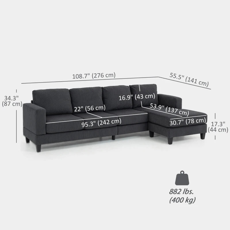 L Shaped Couch, L Shape Sofa with Chaise Lounge and Spring Cushion for Living Room, Bedroom, Charcoal Grey