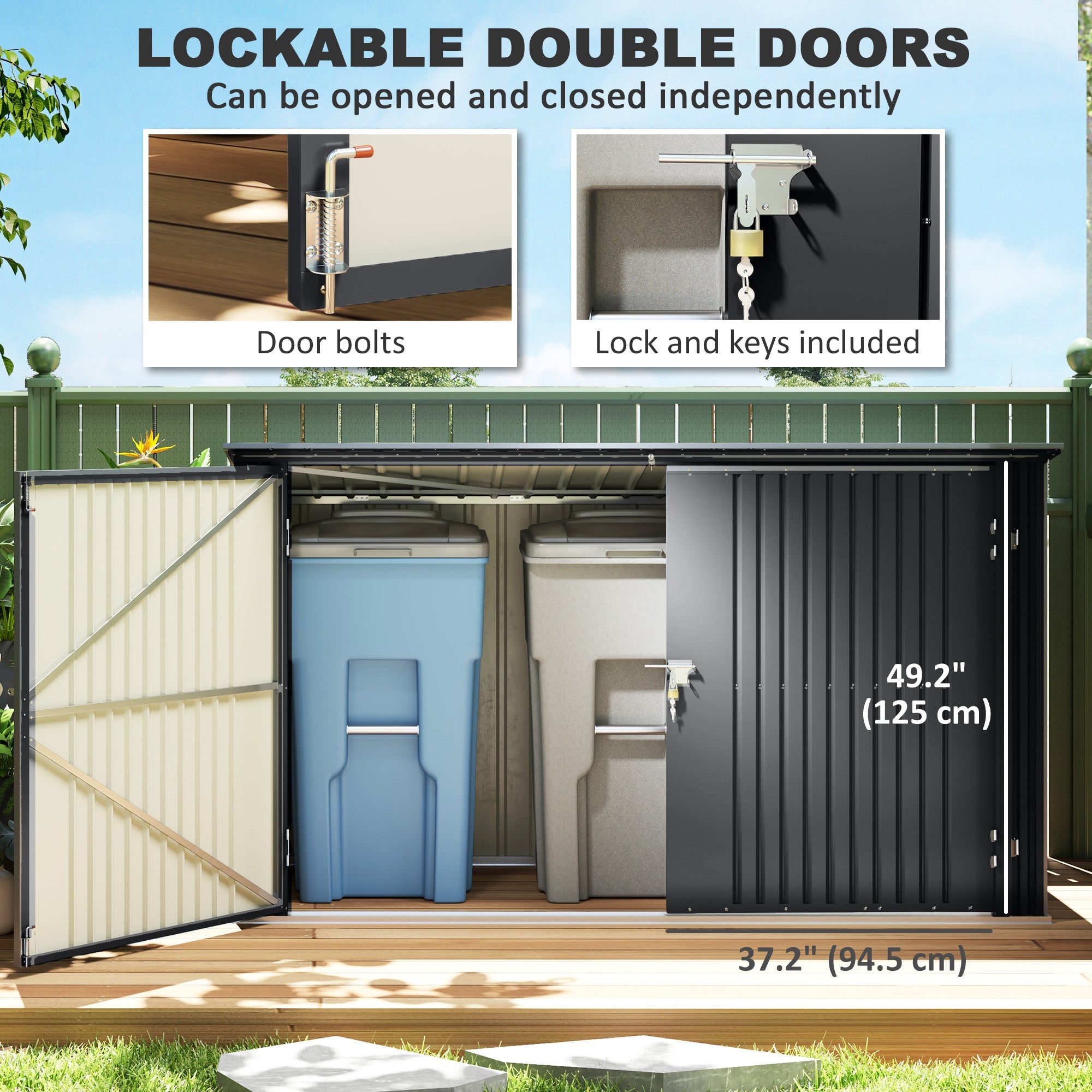 Outsunny 7.6 x 3.4ft Outdoor Storage Shed, Triple Garbage Bin Shed Organizer with Lockable Double Doors and Openable Lid 