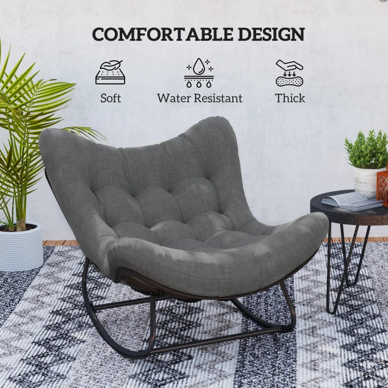 Outdoor Rocking Chair, Oversized Patio Egg Chair with Padded Cushion, Rattan Wicker for Indoor, Backyard, Dark Grey