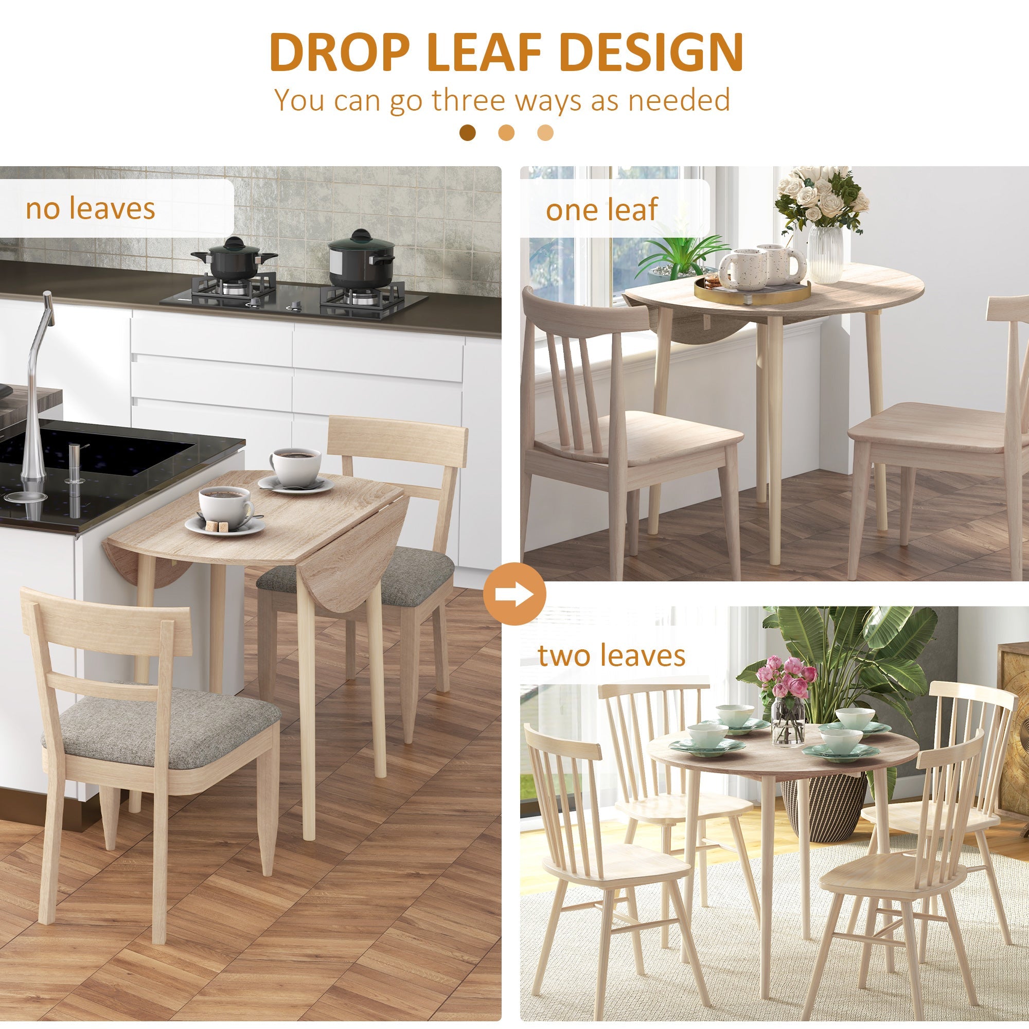HOMCOM Folding Dining Table, Round Drop Leaf Kitchen Table for Small Spaces with Wood Legs, Oak 
