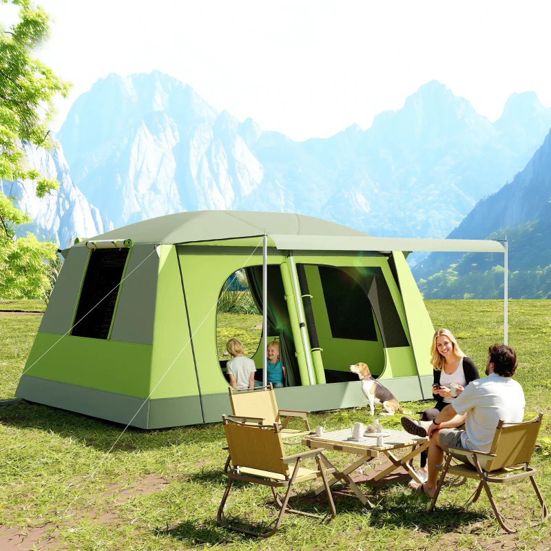 Tunnel Tent Camping Shelter w/ Porch, Two Rooms, Lamp Hook, Portable Carry Bag, Green