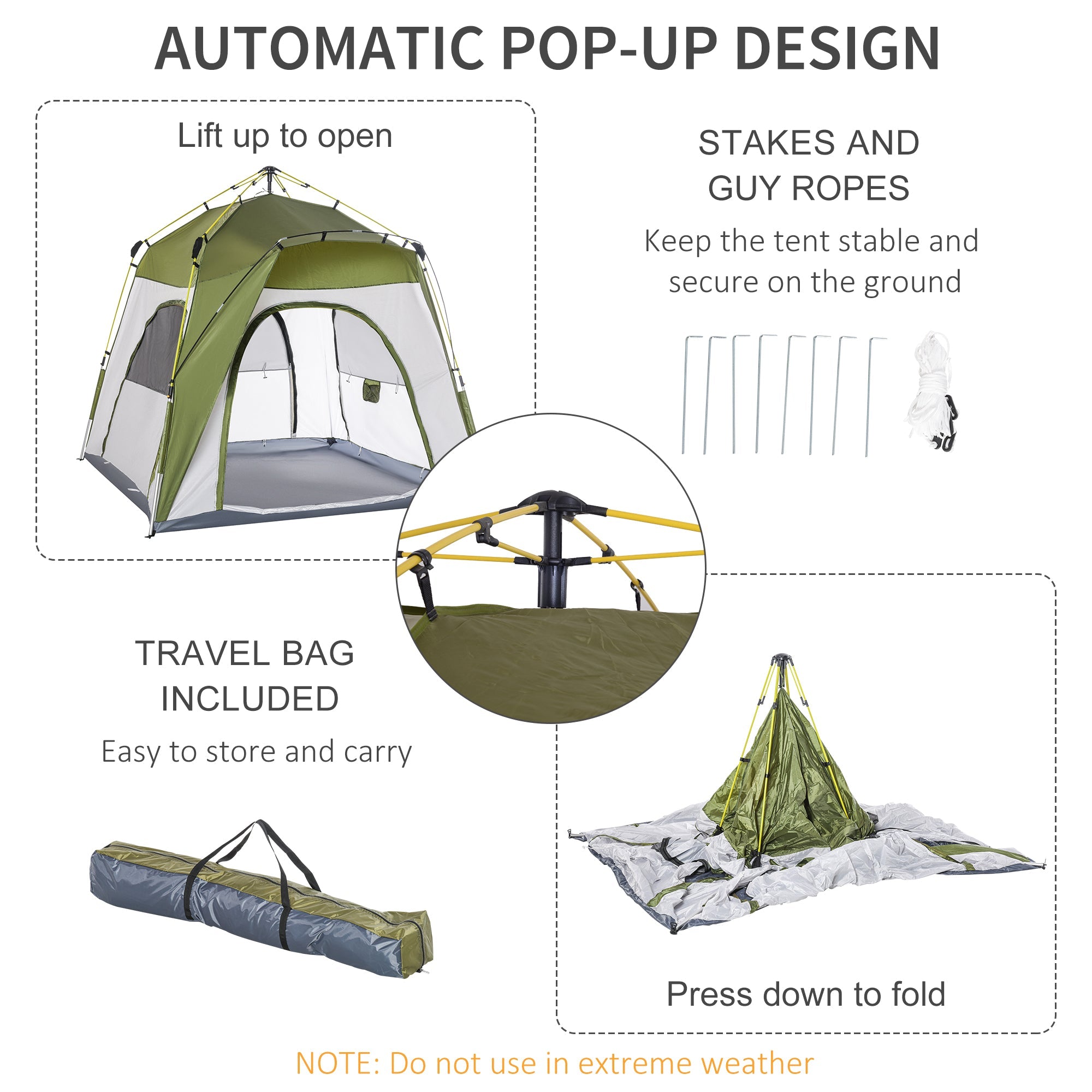 Outsunny Automatic Camping Tent Instant Outdoor Easy Pop Up Portable Backpacking Dome Shelter 4 Person Green 