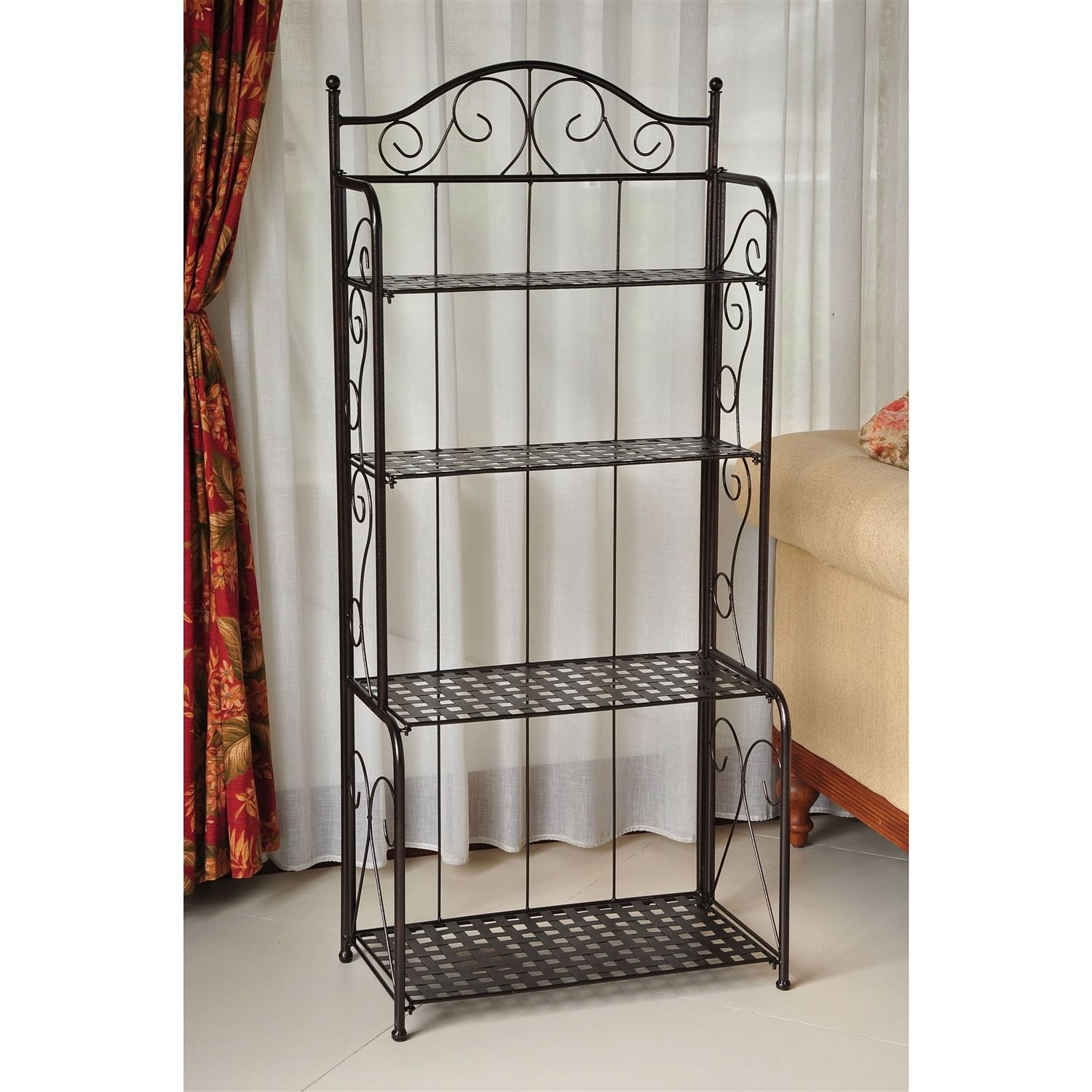 Indoor / Outdoor Folding Iron 4-Shelf Bakers Rack in Bronze with Lattice Shelves - Free Shipping 
