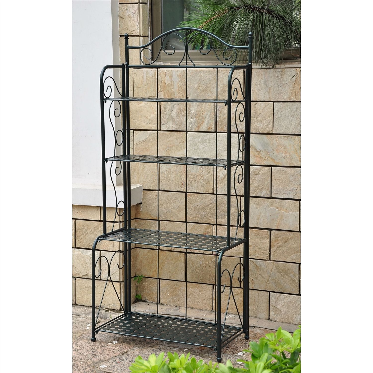Indoor / Outdoor Folding Iron 4-Shelf Bakers Rack in Bronze with Lattice Shelves - Free Shipping 