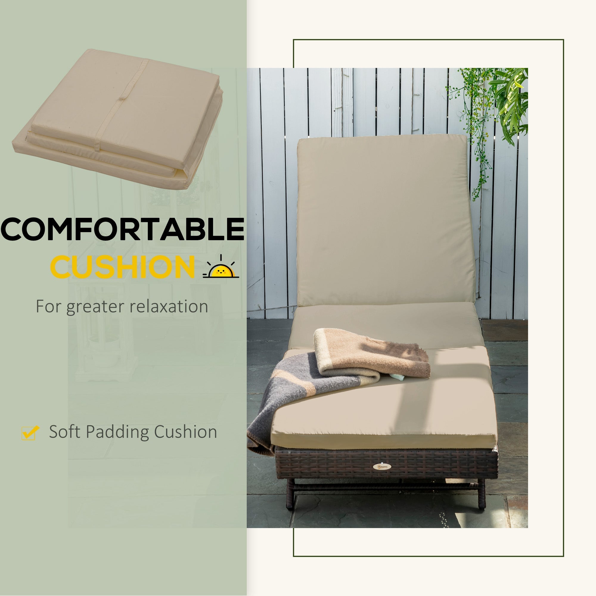 Outsunny Wicker Patio Lounger, Outdoor Recliners Lounge Chair w/ 5-Level Adjustable Backrest, Cushion for Outdoor, Khaki 