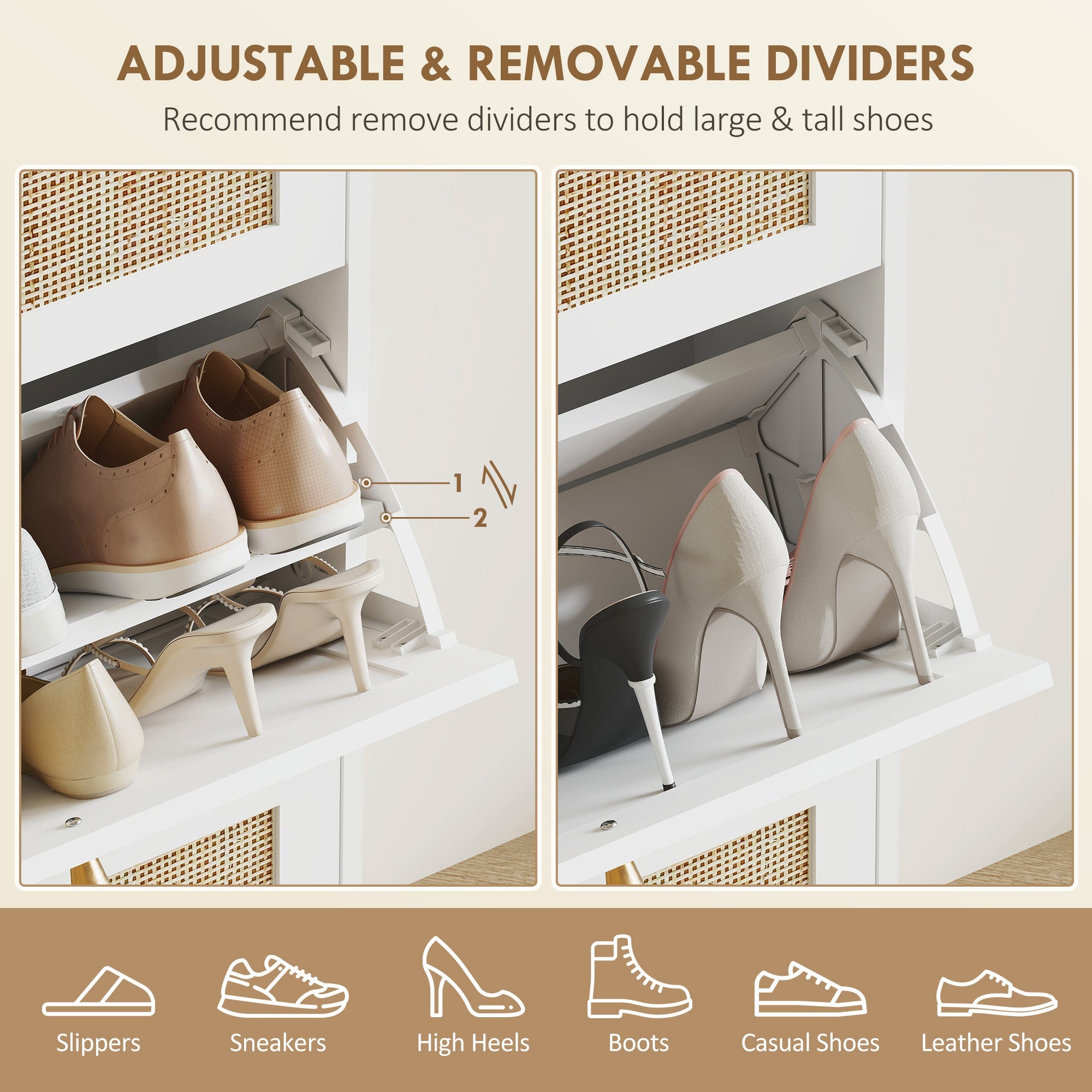 HOMCOM Rattan Shoe Storage Cabinet with 3 Flip Drawers and Adjustable Shelves, Entryway Shoe Cabinet for 18 Pairs, White 