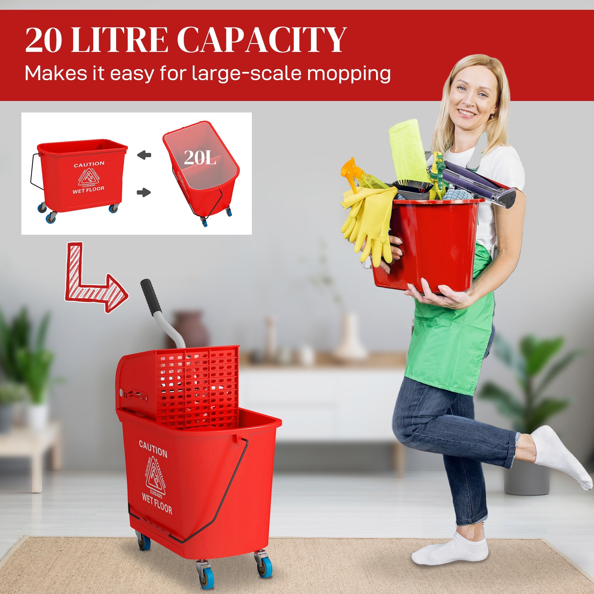 HOMCOM Mop Bucket with Wringer, Mop Bucket on Wheels for Floor Cleaning, 5 Gallon, Separate Dirty and Clean Water, Red 