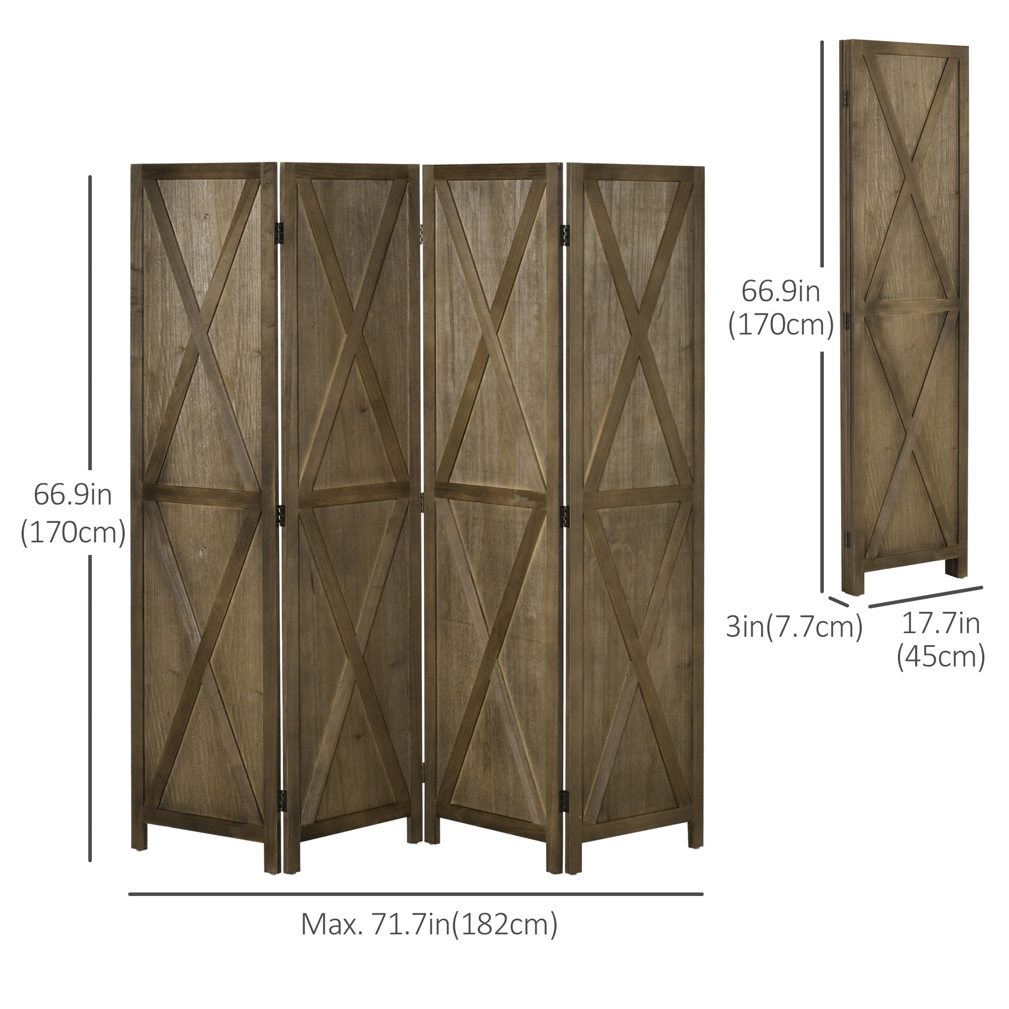 HOMCOM 4-Panel Wall Partition Farmhouse Room Separator: Foldable Design Wooden Frame 5.6FT, Brown 