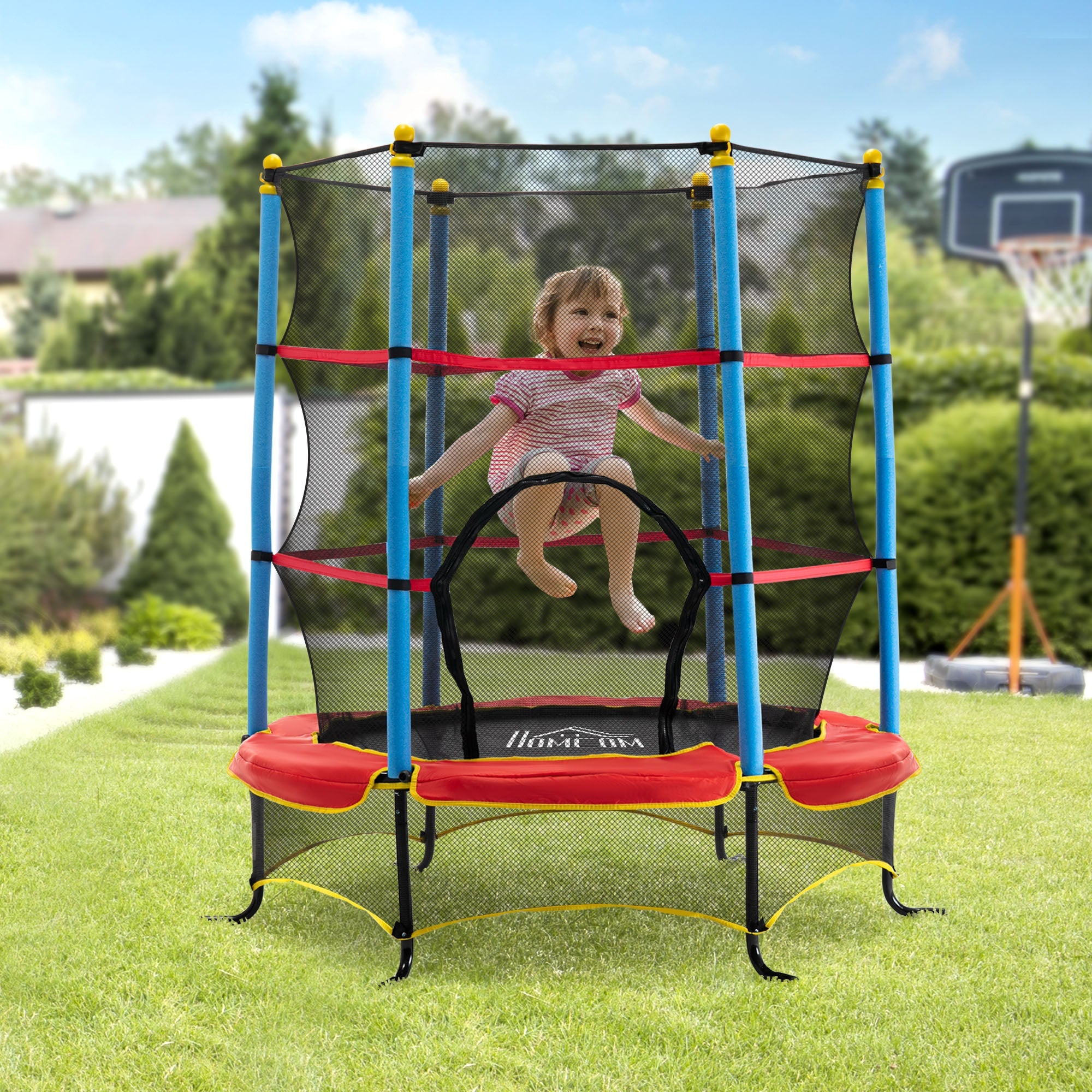 Qaba 65" Kids Mini Trampoline Safety Enclosure Net Zipper Pad Indoor Outdoor Bouncer Exercise Toy 3-6 Years 