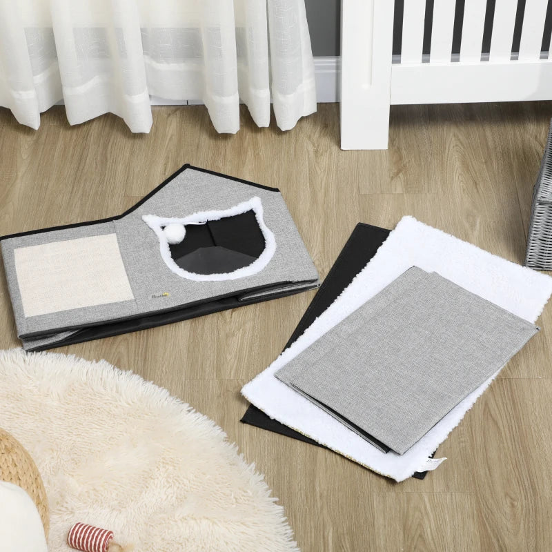 Large Cat Bed for Indoor, Cat House Hideaway with Soft Cushion, Scratching Pad, Dangling Ball, Dual Entrances, Grey