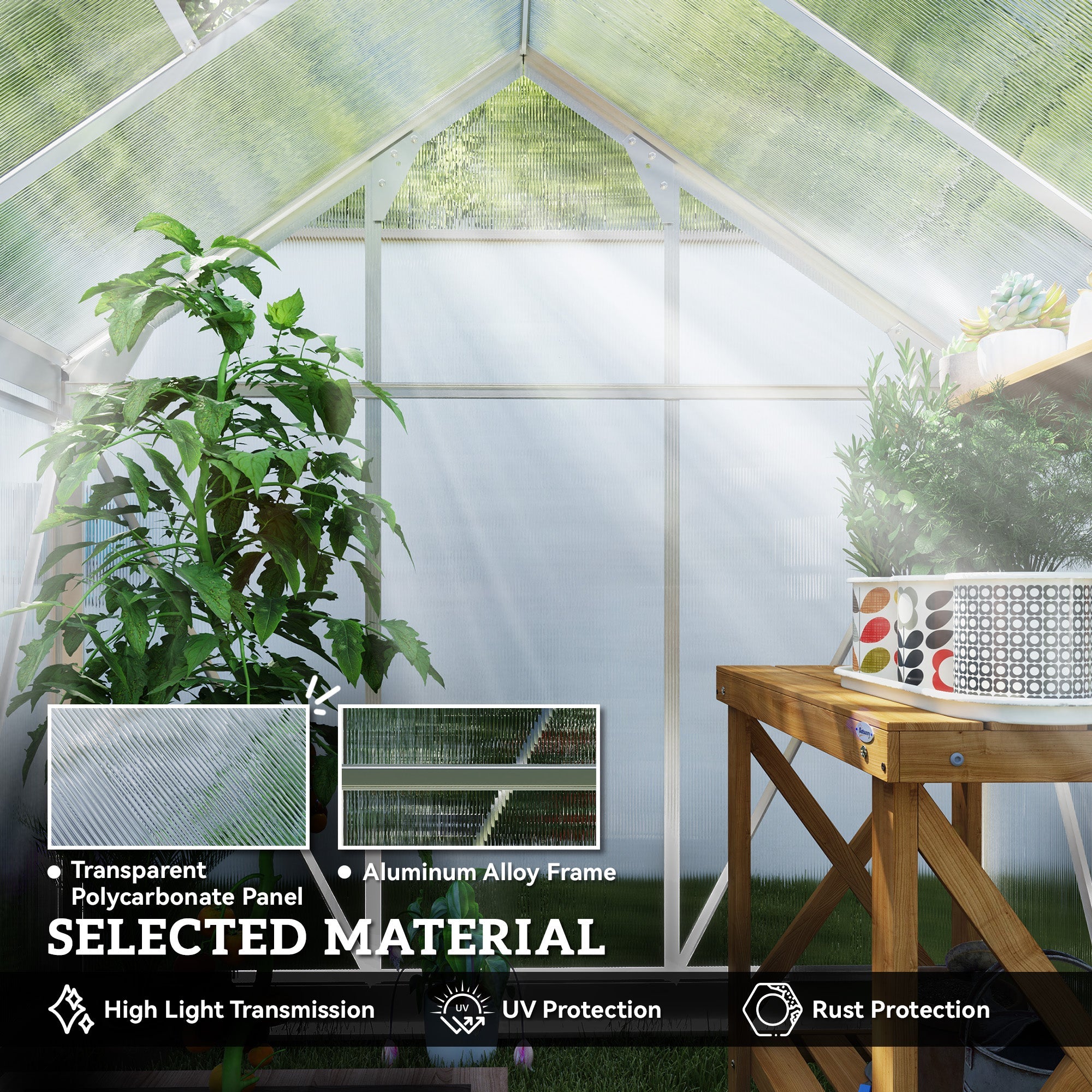 Outsunny 6' x 4' x 6.6' Polycarbonate Greenhouse, Walk-In Green House Kit Garden, Plants Grow, Galvanized Sheet Aluminum Frame with Rain Gutter, Vent and Sliding Door, Silver 
