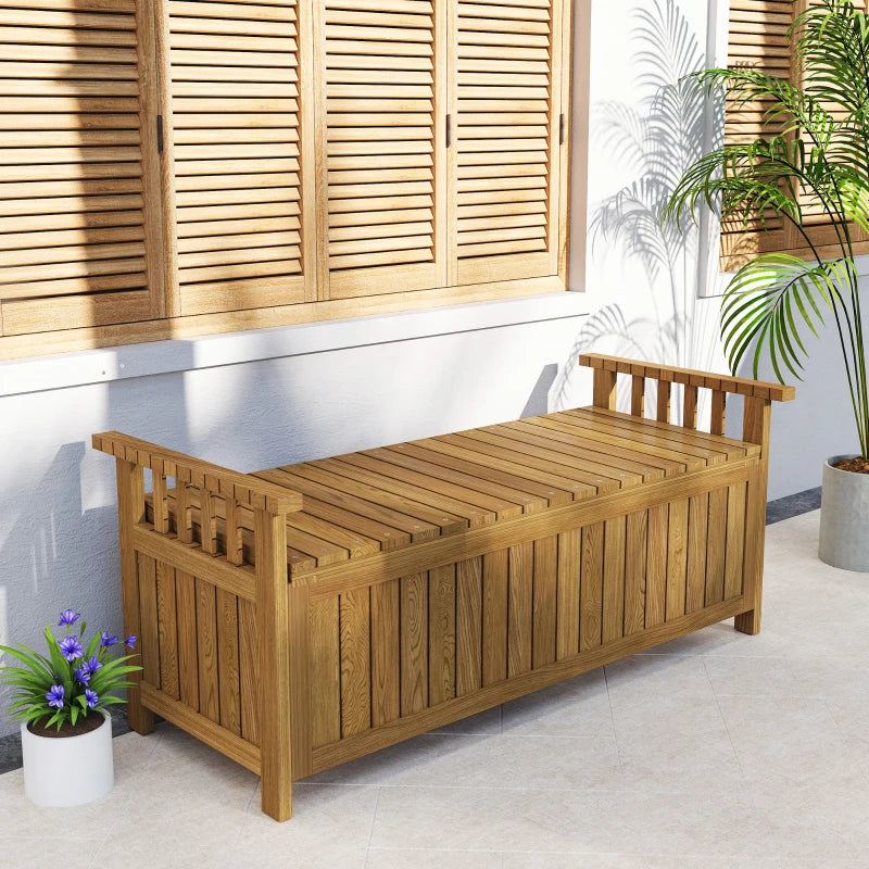 Wooden Bench with Storage Box, Outdoor Exterior Bench with Armrests for Patio Garden Balcony, Brown