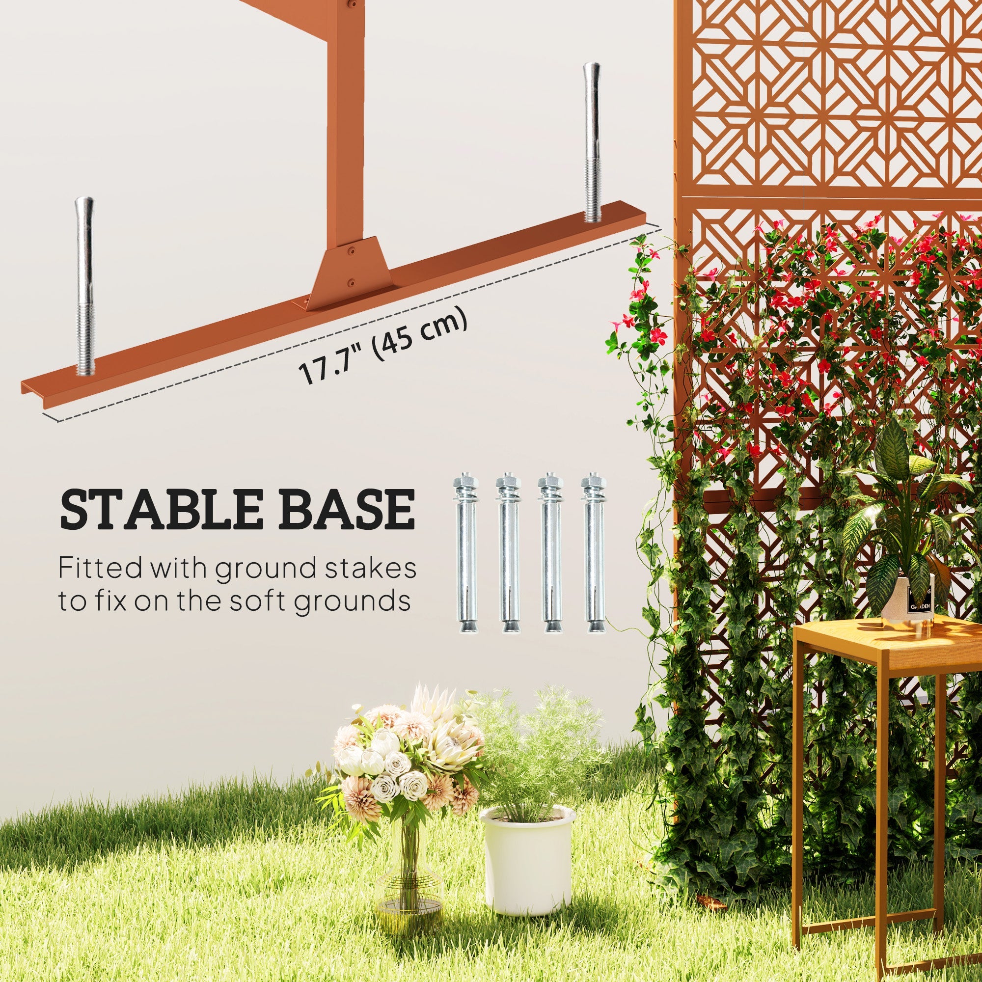 Outsunny Decorative Outdoor Privacy Panel with Stand, Freestanding Metal Outdoor Divider for Garden, Backyard, Deck, Brown 