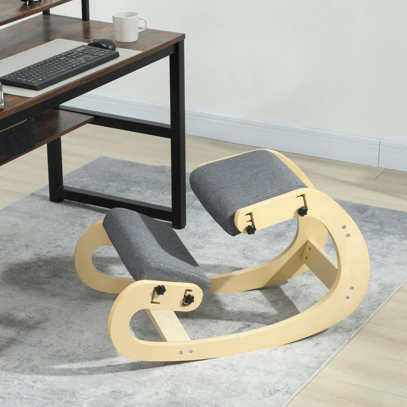 Ergonomic Kneeling Chair, Adjustable Rocking Wood Kneeling Stool, Desk Chair, Improve Posture, Grey