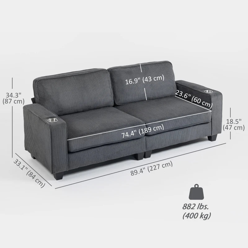 Three Seater Sofa, Fabric 3 Seater Couch with Spring Cushion and Cup Holders for Living Room, Bedroom, Dark Grey