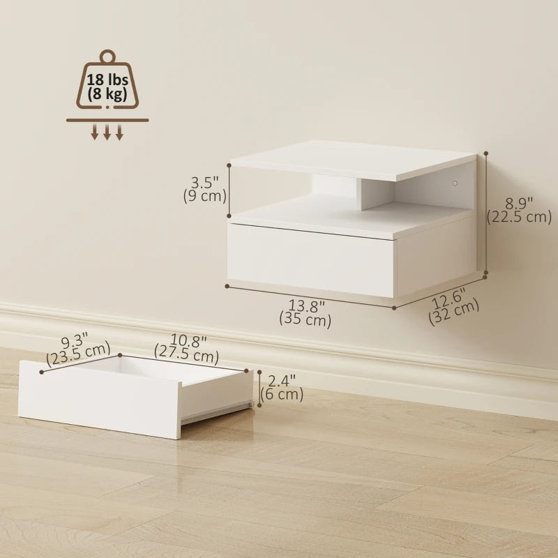 Floating Nightstand Set of 2, Wall Mounted Bedside Table with Drawer and Shelf, Small Night Stand for Bedroom, White