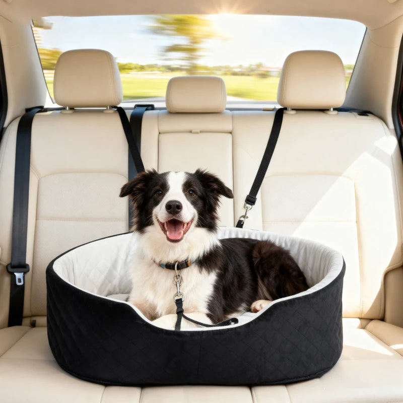 Dog Car Seat for Small Medium Pets, Detachable Washable Pet Bed with Cushion and Safety Belt for Dog Under 33lbs, Black